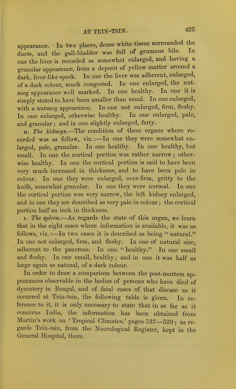 appearance. In two places, dense white tissue surrounded the ducts, and the gall-bladder was full of grumous bile. In one the liver is recorded as somewhat enlarged, and having a granular appearence, from a deposit of yellow matter around a dark, liver-like speck. In one the liver was adherent, enlarged, of a dark colour, much congested. In one enlarged, the nut- meg appearance well marked. In one healthy. In one it is simply stated to have been smaller than usual. In one enlarged, with a nutmeg appearance. In one not enlarged, firm, fleshy. In one enlarged, otherwise healthy. In one enlarged, pale, and granular; and in one slightly enlarged, fatty. H. The kidneys.—The condition of these organs where re- corded was as follow, viz.:—In one they were somewhat en- larged, pale, granular. In one healthy. In one healthy, but small. In one the cortical portion was rather narrow; other- wise healthy. In one the cortical portion is said to have been very much increased in thickness, and to have been pale in colour. In one they were enlarged, over-firm, gritty to the knife, somewhat granular. In one they were normal. In one the cortical portion was very narrow, the left kidney enlarged, and in one they are described as very pale in colour; the cortical portion half an inch in thickness. I. The spleen.—As regards the state of this organ, we learn that in the eight cases where information is available, it was as follows, viz.:—In two cases it is described as being “ natural.^^ In one not enlarged, firm, and fleshy. In one of natural size, adherent to the pancreas. In one “ healthy.^^ In one small and fleshy. In one small, healthy; and in one it was half as large again as natural, of a dark colour. In order to draw a comparison between the post-mortem ap- pearances observable in the bodies of persons who have died of dysentery in Bengal, and of fatal cases of that disease as it occurred at Tein-tsin, the following table is given. In re- ference to it, it is only necessary to state that in as far as it concerns India, the information has been obtained from Martin’s work on ' Tropical Climates,’ pages 527—529; as re- gards Tein-tsin, from the Necrological Register, kept in the General Hospital, there.