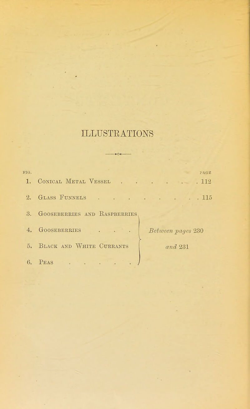 ILLUSTRATIONS PUL 1. 2. 3. 4. 5. Conical Metal Vessel Glass Funnels Gooseberries and Raspberries Gooseberries ► Black and White Currants PAGE . 112 115 Between pages 230 and 231 6. Peas