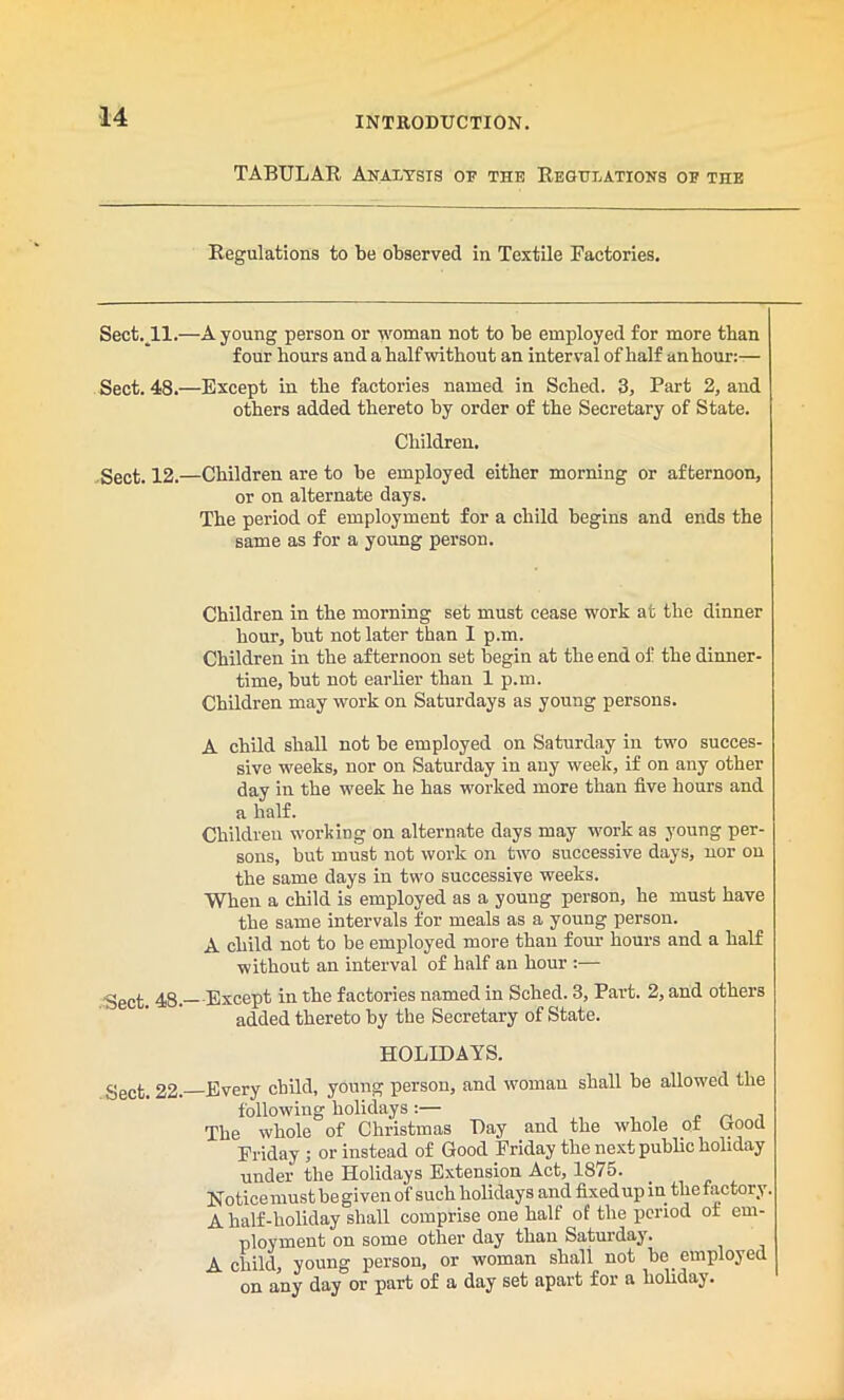 TABULAR Analysis of the Regulations of the Regulations to be observed in Textile Factories. Sect._ll.—A young person or woman not to be employed for more than four hours and a half without an interval of half an hour:— Sect. 48.—Except in the factories named in Sched. 3, Fart 2, and others added thereto by order of the Secretary of State. Children. Sect. 12.—Children are to be employed either morning or afternoon, or on alternate days. The period of employment for a child begins and ends the same as for a young person. Children in the morning set must cease work at the dinner hour, but not later than 1 p.m. Children in the afternoon set begin at the end of the dinner- time, but not earlier than 1 p.m. Children may work on Saturdays as young persons. A child shall not be employed on Saturday in two succes- sive weeks, nor on Saturday in any week, if on any other day in the week he has worked more than five hours and a half. Children working on alternate days may work as young per- sons, but must not work on two successive days, nor on the same days in two successive weeks. When a child is employed as a young person, he must have the same intervals for meals as a young person. A child not to be employed more than form hours and a half without an interval of half an hour :— Sect. 48. Except in the factories named in Sched. 3, Part. 2, and others added thereto by the Secretary of State. HOLIDAYS. Sect. 22. Every child, young person, and woman shall be allowed the following holidays The whole of Christmas Day and the whole ot Good Friday; or instead of Good Friday the next public holiday under the Holidays Extension Act, 1875. Notice must be given of such holidays and fixed up in the factory. A half-holiday shall comprise one half of the period of em- ployment on some other day than Saturday. A child, young person, or woman shall not be employed on any day or part of a day set apart for a holiday.