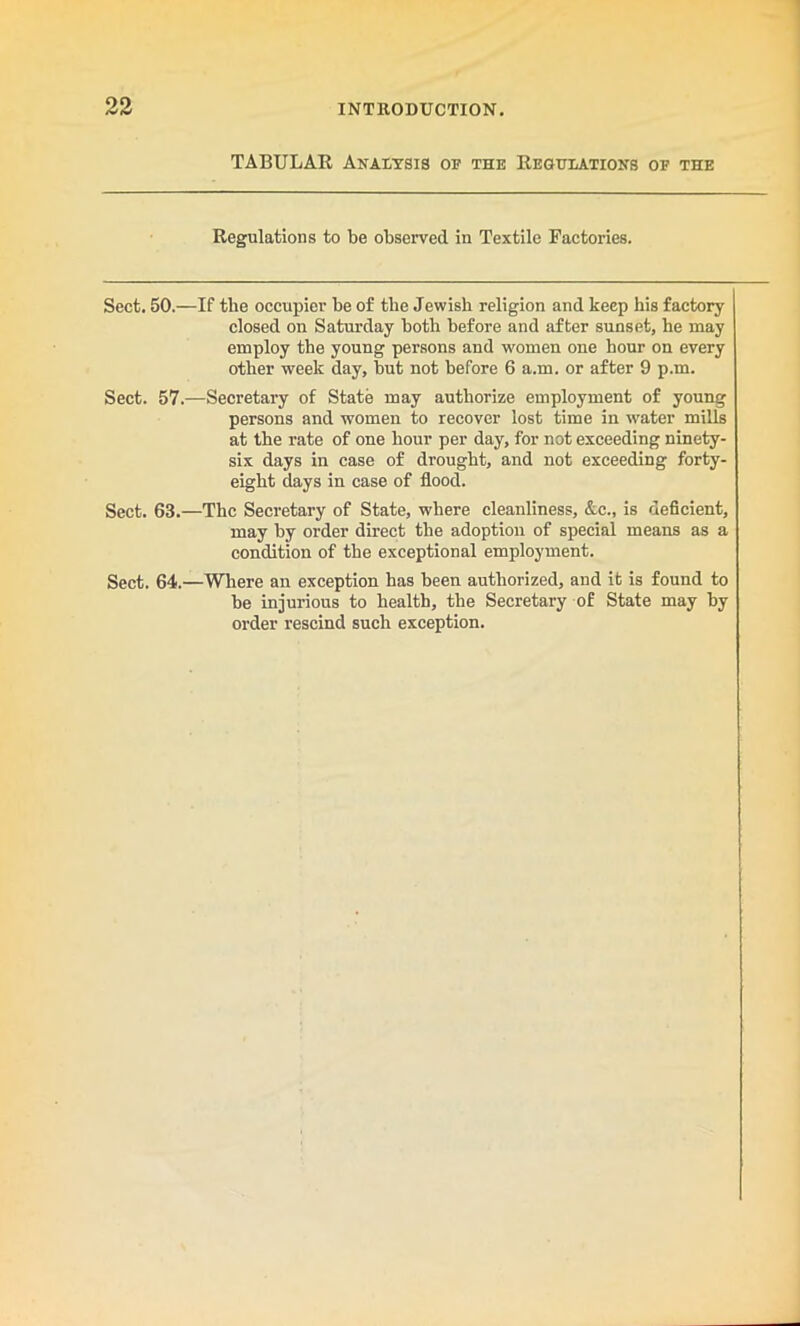 TABULAR Analysis of the Regulations of the Regulations to be observed in Textile Factories. Sect. 50.—If tbe occupier be of the Jewish religion and keep his factory closed on Saturday both before and after sunset, he may employ the young persons and women one hour on every other week day, but not before 6 a.m. or after 9 p.m. Sect. 57.—Secretary of State may authorize employment of young persons and women to recover lost time in water mills at the rate of one hour per day, for not exceeding ninety- six days in case of drought, and not exceeding forty- eight days in case of flood. Sect. 63.—The Secretary of State, where cleanliness, Ac., is deficient, may by order direct the adoptioii of special means as a condition of the exceptional employment. Sect. 64.—Where an exception has been authorized, and it is found to be injurious to health, the Secretary of State may by order rescind such exception.