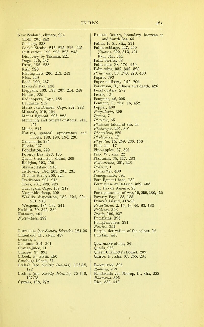 New Zealand, climate, 224 Cloth, 206, 242 Cookery, 238 Cook’s Straits, 213, 215, 216, 221 Cultivation, 190, 223, 228, 243 Discovery by Tasman, 221 Dogs, 225, 237 Dress, 186, 233 Fish, 226 Fishing nets, 206, 213, 243 Flax, 229 Food, 190, 237 Hawke’s Bay, 188 Heppahs, 183, 198, 207, 214, 248 Houses, 235 Kidnappers, Cape, 188 Language, 252 Maria van Diemen, Cape, 207, 222 Minerals, 219, 224 Mount Egmont, 208, 223 Mourning and funeral customs, 211, 251 Music, 247 Natives, general appearance and habits, 186, 190, 196, 230 Ornaments, 235 Plants, 227 Population, 229 Poverty Bay, 183, 185 Queen Charlotte’s Sound, 209 Religion, 193, 250 Stewart Island, 218 Tattowing, 186, 203, 205, 231 Thames River, 200, 224 Traditions, 207, 215 Trees, 201, 223, 228 Turnagain, Cape, 189, 217 Vegetable sheep, 209 Warlike disposition, 183, 194, 204, 231, 246 Weapons, 185, 192, 244 Noddies, 70, 325, 330 Nutmegs, 401 Nyctanthes, 399 Oheteroa (see Society Islands), 124-26 Oldenland, H., xlviii, 437 Oniscus, 4 Opossum, 291, 301 Orange-juice, 71 Oranges, 37, 391 Osbeck, P., xlviii, 450 Osnaburg Island, 71 Otahah (see Society Islands), 117-18, 122 Otahite (see Society Islands), 73-110, 127-78 Oysters, 198, 272 Pacific Ocean, boundary between it and South Sea, 65 Pallas, P. S„ xlix, 291 Palm, cabbage, 227, 299 (Cycas), 299, 313, 421 Fan, 341, 344 Palm berries, 38 Palm nuts, 38, 170, 270 Palm wine, 335, 345, 398 Pandanus, 38, 170, 270, 400 Papaw, 393 Paper mulberry, 145, 206 Parkinson, S., illness and death, 426 Pearl oysters, 272 Pearls, 121 Penguins, 46, 225 Pennant, T., xlix, 16, 452 Pepper, 400 Pergularia, 399 Persea, 7 Plideton, 65 Phalcena taken at sea, 44 Phalanger, 291, 301 Phormium, 229 Phyllodoce, 17 Physalia, 15, 259, 260, 450 Pilot fish, 17 Pine-apples, 37, 391 Piso, W., xlix, 22 Plantains, 38, 117, 283 Podocarpus, 201, 228 Podura, 1 Polianthes, 400 Pomegranate, 394 Port Egmont hens, 182 Portuguese at Batavia, 382, 403 at Rio de Janeiro, 26 Portuguese man-of-war, 15,259,260,450 Poverty Bay, 183, 185 Prince’s Island, 418-26 Procellaria, 2, 16, 43, 46, 63, 180 Psidium, 393 Pteris, 190, 237 Pumpkins, 393 Pumplemouses, 391 Punica, 394 Purple, derivation of the colour, 16 Purslain, 448 Quadrant stolen, 86 Quails, 268 Queen Charlotte’s Sound, 209 Quiros, P., xlix, 67, 255, 284 Rambutan, 395 Raoulia, 209 Rembrantz van Nierop, D., xlix, 222 Rhamnus, 395 Rice, 389, 419