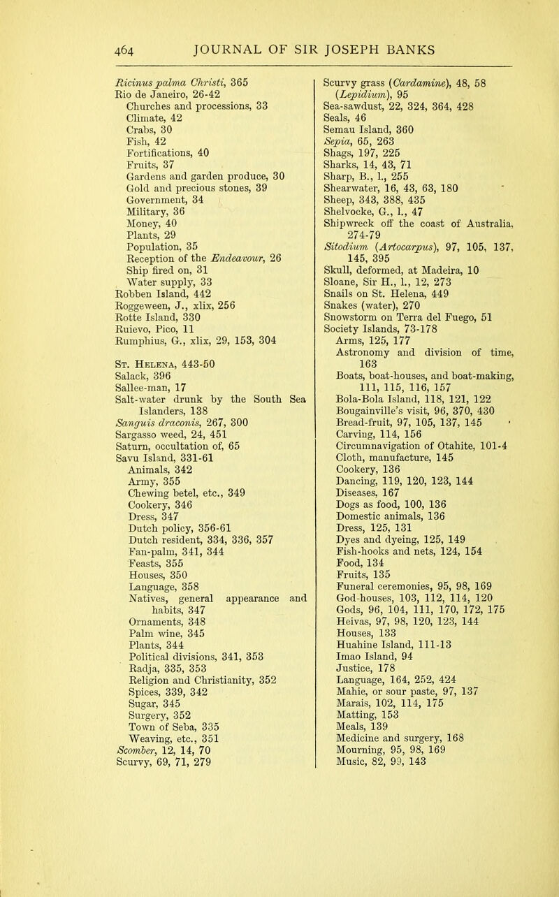 Ricinus palma Christi, 365 Rio de Janeiro, 26-42 Churches and processions, 33 Climate, 42 Crabs, 30 Fish, 42 Fortifications, 40 Fruits, 37 Gardens and garden produce, 30 Gold and precious stones, 39 Government, 34 Military, 36 Money, 40 Plants, 29 Population, 35 Reception of the Endeavour, 26 Ship fired on, 31 Water supply, 33 Robben Island, 442 Roggeween, J., xlix, 256 Rotte Island, 330 Ruievo, Pico, 11 Rumphius, G., xlix, 29, 153, 304 St. Helena, 443-50 Salack, 396 Sallee-man, 17 Salt-water drunk by the South Sea Islanders, 138 Sanguis draconis, 267, 300 Sargasso weed, 24, 451 Saturn, occultation of, 65 Savu Island, 331-61 Animals, 342 Army, 355 Chewing betel, etc., 349 Cookery, 346 Dress, 347 Dutch policy, 356-61 Dutch resident, 334, 336, 357 Fan-palm, 341, 344 Feasts, 355 Houses, 350 Language, 358 Natives, general appearance and habits, 347 Ornaments, 348 Palm wine, 345 Plants, 344 Political divisions, 341, 353 Radja, 335, 353 Religion and Christianity, 352 Spices, 339, 342 Sugar, 345 Surgery, 352 Town of Seba, 335 Weaving, etc., 351 Scomber, 12, 14, 70 Scurvy, 69, 71, 279 Scurvy grass (Cardamine), 48, 58 (Lepidium), 95 Sea-sawdust, 22, 324, 364, 428 Seals, 46 Semau Island, 360 Sepia, 65, 263 Shags, 197, 225 Sharks, 14, 43, 71 Sharp, B., 1., 255 Shearwater, 16, 43, 63, 180 Sheep, 343, 388, 435 Shelvocke, G., 1., 47 Shipwreck off the coast of Australia, 274-79 Sitodium (Artocarpus), 97, 105, 137, 145, 395 Skull, deformed, at Madeira, 10 Sloane, Sir H„ 1., 12, 273 Snails on St. Helena, 449 Snakes (water), 270 Snowstorm on Terra del Fuego, 51 Society Islands, 73-178 Arms, 125, 177 Astronomy and division of time, 163 Boats, boat-houses, and boat-making, 111, 115, 116, 157 Bola-Bola Island, 118, 121, 122 Bougainville’s visit, 96, 370, 430 Bread-fruit, 97, 105, 137, 145 Carving, 114, 156 Circumnavigation of Otahite, 101-4 Cloth, manufacture, 145 Cookery, 136 Dancing, 119, 120, 123, 144 Diseases, 167 Dogs as food, 100, 136 Domestic animals, 136 Dress, 125, 131 Dyes and dyeing, 125, 149 Fish-hooks and nets, 124, 154 Food, 134 Fruits, 135 Funeral ceremonies, 95, 98, 169 God-houses, 103, 112, 114, 120 Gods, 96, 104, 111, 170, 172, 175 Heivas, 97, 98, 120, 123, 144 Houses, 133 Huahine Island, 111-13 Imao Island, 94 Justice, 178 Language, 164, 252, 424 Mahie, or sour paste, 97, 137 Marais, 102, 114, 175 Matting, 153 Meals, 139 Medicine and surgery, 168 Mourning, 95, 98, 169 Music, 82, 99, 143