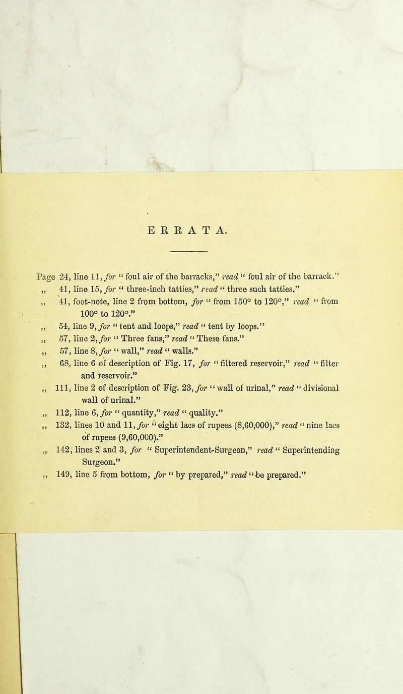 ERRATA. Page 24, line 11,/o7' “ foul air of the barracks,” read “ foul air of the barrack.” ,, 41, line 15, for “ three-inch tatties,” read “ three such tatties.” ,, 41, foot-note, line 2 from bottom, for “ from 150° to 120°,” read “ from 100° to 120°.” „ 54, line 9, for “ tent and loops,” read “ tent by loops.” ,, 67, line 2, for “ Three fans,” read “ These fans.” „ 57, line 8, for “ wall,” read “ walls.” „ 68, line 6 of description of Fig. 17, for “ filtered reservoir,” read “ filter and reservoir.” „ 111, line 2 of description of Fig. 23,/or “ wall of urinal,” read “ divisional wall of urinal.” „ 112, line 6, for “ quantity,” read “ quality.” ,, 132, lines 10 and 11, for “ eight lacs of rupees (8,60,000),” read “ nine lacs of rupees (9,60,000).” „ 142, lines 2 and 3, for “ Superintendent-Surgeon,” read “ Superintending Surgeon.” ,, 149, line 5 from bottom, for “ by prepared,” read “he prepared.”