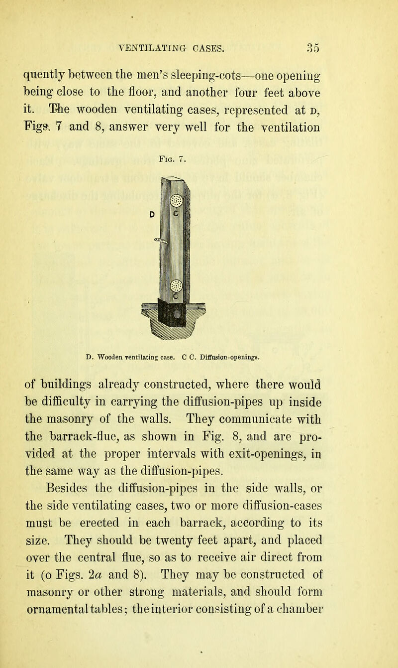 quently between the men’s sleeping-cots—one opening- being close to the floor, and another four feet above it. The wooden ventilating cases, represented at d, Fig». 7 and 8, answer very well for the ventilation Fig. 7. D. Wooclen yentilating case. C C. Diffusion-openings. of buildings already constructed, where there would be difficulty in carrying the diffusion-pipes up inside the masonry of the walls. They communicate with the barrack-flue, as shown in Fig. 8, and are pro- vided at the proper intervals with exit-openings, in the same way as the diffusion-pipes. Besides the diffusion-pipes in the side walls, or the side ventilating cases, two or more diffusion-cases must be erected in each barrack, according to its size. They should be twenty feet apart, and placed over the central flue, so as to receive air direct from it (o Figs. 2« and 8). They may be constructed of masonry or other strong materials, and should form ornamental tables; the interior consisting of a chamber
