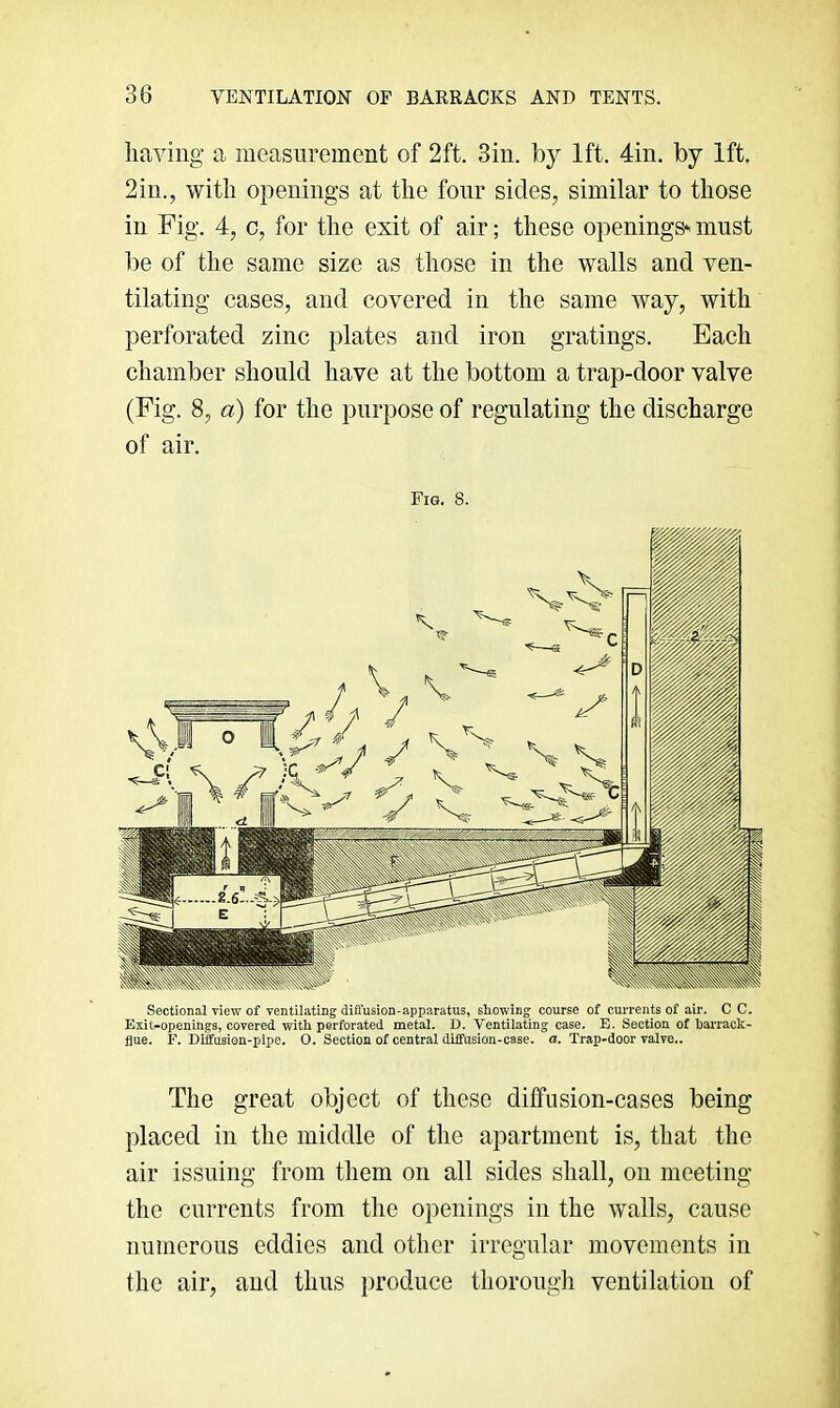 The great object of these diffusion-cases being placed in the middle of the apartment is, that the air issuing from them on all sides shall, on meeting the currents from the openings in the walls, cause numerous eddies and other irregular movements in the air, and thus produce thorougli ventilation of having a measurement of 2ft. Sin. by 1ft. 4in. by 1ft, 2in., with openings at the four sides, similar to those in Fig. 4, c, for the exit of air; these openings^ must be of the same size as those in the walls and ven- tilating cases, and covered in the same way, with perforated zinc plates and iron gratings. Each chamber should have at the bottom a trap-door valve (Fig. 8, a) for the purpose of regulating the discharge of air. Fig. 8. Sectional view of ventilaticg diffusion-apparatus, showing course of ciUTents of air. C C, Exit-openings, covered with perforated metal. D. Ventilating case. E. Section of barrack- flue. F, Diffusion-pipe. 0. Section of central diffusion-case. a» Trap-door valve..