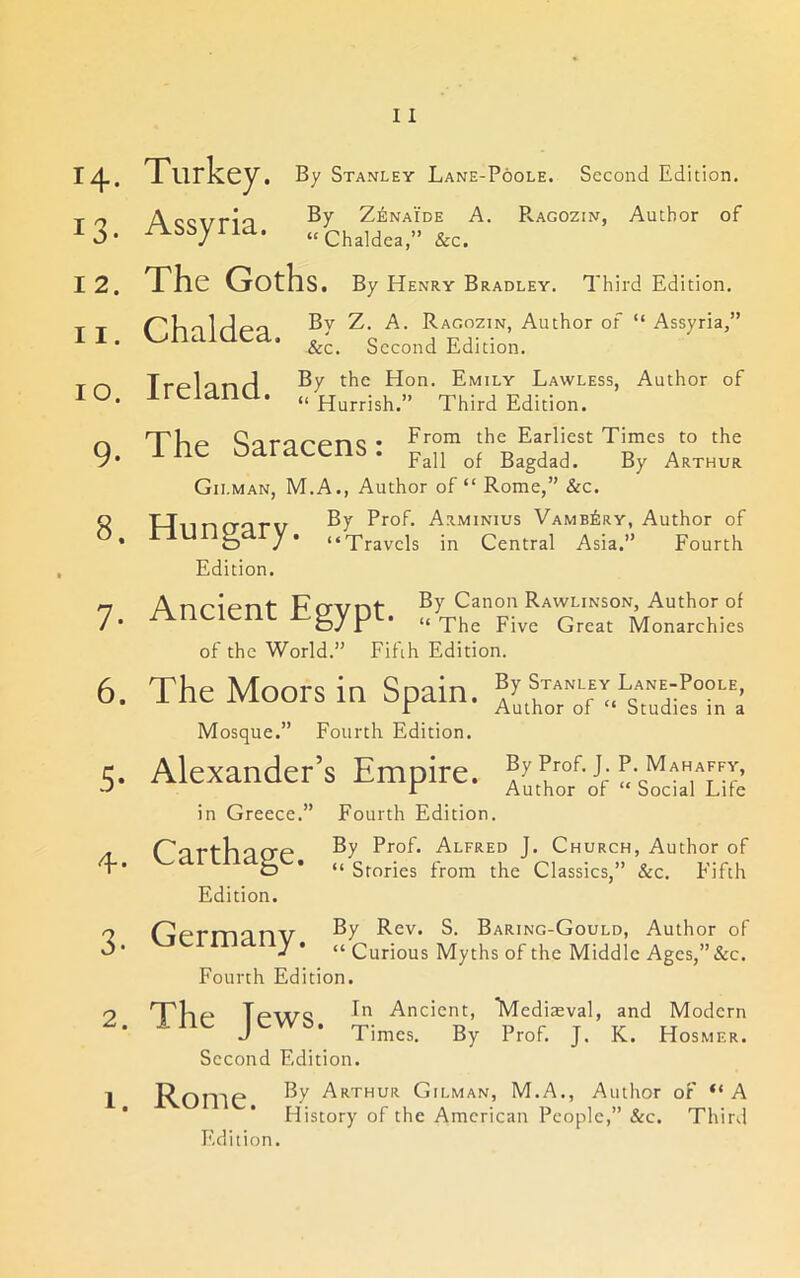 14. 13. 12. II. lO. 9. 8. 7. 6. 5* 4. 3- 2. I. 11 Turkey, By Stanley Lane-Poole. Second Edition. A ooirrio By ZiiNAiDE A. Ragozin, Author of Assyria. ,,'chaldea&c. The Goths. By Henry Bradley. Third Edition. Chtllclcfl. Author of “ Assyria,” &c. Second Edition. Trplqnr] Hon. Emily Lawless, Author of llCldllU. «Hurrish.” Third Edition. The S3.r3.CenS * Earliest Times to the Fall of Bagdad. By Arthur Gilman, M.A., Author of “Rome,” &c. WnntTGrv Prof. Arminius Vamb^iry, Author of ‘‘Xravcls in Central Asia.” Fourth Edition. Ancient Egypt. 1!^ R*'™'-''*”./«hor of <dJ r ‘ 1 he rive Great Monarchies of the World.” Fifth Edition. The Moors in Spain. % Stanley LaNE-PooLE, r Author of “ Studies in a Mosque.” Fourth Edition. Alexander’s Empire. r Author of “ Social Life in Greece.” Fourth Edition. TGrthaerp Alfred J. Church, Author of O * “ Stories from the Classics,” &c. Fifth Edition. CrPTmanv Rev. S. Baring-Gould, Author of y * “ Curious Myths of the Middle Ages,”&c. Fourth Edition. The Tews Ancient, IVlediaeval, and Modern J * Times. By Prof. J. K. Hosmer. Second Edition. Ron’lP Arthur Gilman, M.A., Author of A [distory of the American People,” &c. Third Edition.