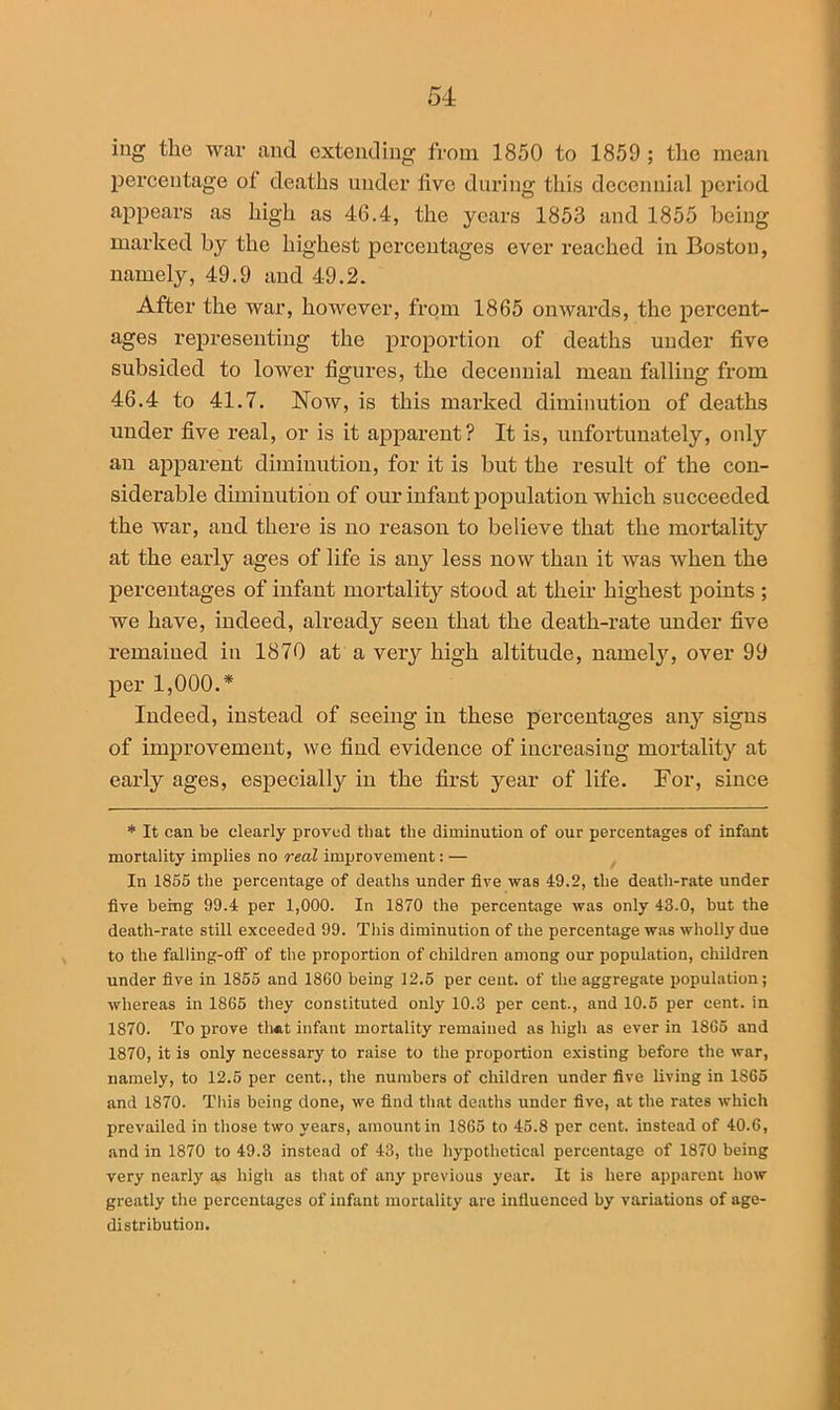 ing the war and extending from 1850 to 1859 ; the mean percentage ot deaths under live during this decennial period appears as high as 46.4, the years 1853 and 1855 being marked by the highest percentages ever reached in Boston, namely, 49.9 and 49.2. After the war, however, from 1865 onwards, the percent- ages representing the proportion of deaths under five subsided to lower figures, the decennial mean falling from 46.4 to 41.7. Now, is this marked diminution of deaths under five real, or is it apparent? It is, unfortunately, only an apparent diminution, for it is but the result of the con- siderable diminution of our infant population which succeeded the war, and there is no reason to believe that the mortality at the early ages of life is any less now than it was when the percentages of infant mortality stood at their highest points ; we have, indeed, already seen that the death-rate under five remained in 1870 at a very high altitude, namely, over 99 per 1,000.* Indeed, instead of seeing in these percentages any signs of improvement, we find evidence of increasing mortality at early ages, especially in the first year of life. For, since * It can be clearly proved that the diminution of our percentages of infant mortality implies no real improvement: — In 1855 the percentage of deaths under five was 49.2, the death-rate under five being 99.4 per 1,000. In 1870 the percentage was only 43.0, hut the death-rate still exceeded 99. This diminution of the percentage was wholly due to the falling-off of the proportion of children among our population, children under five in 1855 and 1860 being 12.5 per cent, of the aggregate population; whereas in 1865 they constituted only 10.3 per cent., and 10.5 per cent, in 1870. To prove tlmt infant mortality remained as high as ever in 1865 and 1870, it is only necessary to raise to the proportion existing before the war, namely, to 12.5 per cent., the numbers of children under five living in 1865 and 1870. This being done, we find that deaths under five, at the rates which prevailed in those two years, amount in 1865 to 45.8 per cent, instead of 40.6, and in 1870 to 49.3 instead of 43, the hypothetical percentage of 1870 being very nearly as high as that of any previous year. It is here apparent how greatly the percentages of infant mortality are influenced by variations of age- distribution.