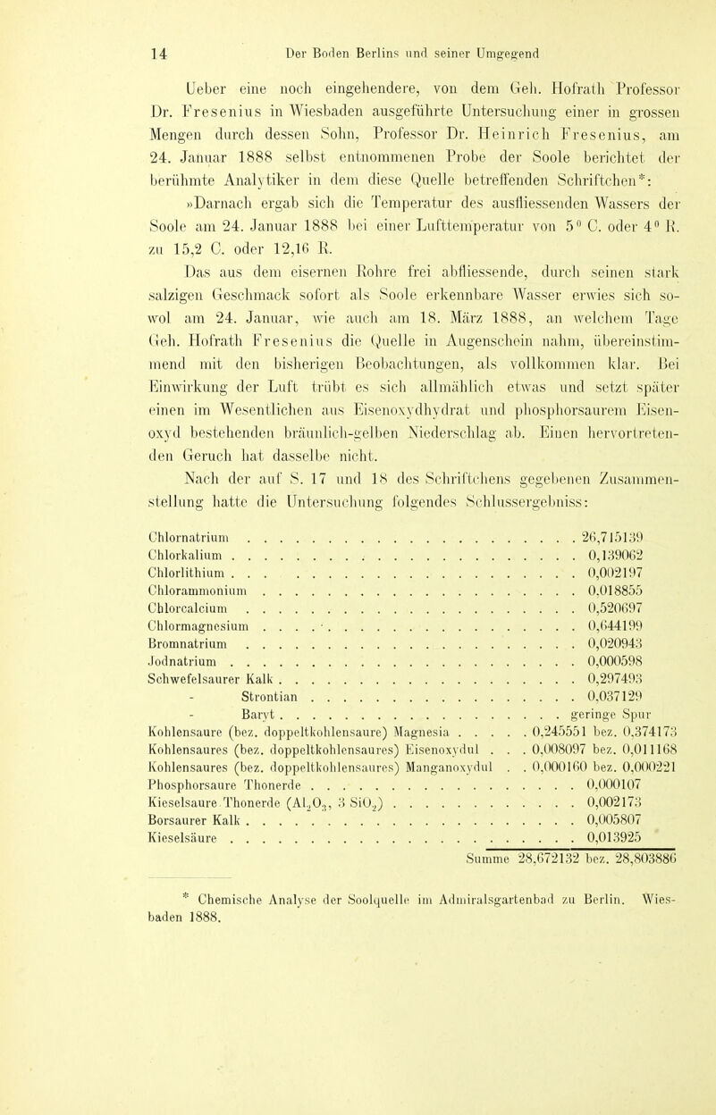 Ueber eine noch eingeliendere, von dem Geh. Hofraili Professor Dr. Fresenius in Wiesbaden ausgefülirte Untersuchung einer in grossen Mengen durch dessen Sohn, Professor Dr. Heinrich Fresenius, am 24. Januar 1888 sell)st entnommenen Probe der Soole ben'chtet der berühmte Analytiker in dem diese (Quelle betreüenden Scliriftchen*; »Darjiach ergab sich die Temperatur des auslliessenden Wassers der Soole am 24. Januar 1888 l)ei einer Tjiifttemperatur von .5 C. oder 4 P. zu 15,2 C. oder 12,16 R. Das aus dem eisernen Rohre frei ahtliessende, durch seinen siark salzigen Geschmack sofort als Soole erkennbare Wasser erwies sich so- wol am 24. Januar, wie auch am 18. März 1888, an welcliem Tage Geh. Hofrath Fresenius die (Aielle in Augenschein nahm, übereinstim- mend mit den bislierigen Bcol)aclitungen, als vollkommen klar. Bei Binwirkung der Luft trübt es sich allmählich etwas und setzt Sfiäter einen im Wesentlichen aus Eisenoxydhydrat und pliosphorsaurem Eisen- oxyd bestehenden bräunlicb-gelben Niederschlag ah. Einen liervortreten- den Geruch hat dassell)e nicht. Nach der auf S. 17 und IS des Schriltchens gegeheiien Zusammen- stellung hatte die Untersuchung folgendes Schlussergebniss: Chlornatriuin 26,715139 Chlorkalium 0,139062 Chlorlithium ... 0,002197 Chlorammonium 0,018855 Chlorcalcium 0,520697 Chlormagncsium . . . . • 0,644199 Bromnatrium 0,020943 Jodnatrium 0,000598 Schwefelsaurer Kalk 0,297493 Strontian 0,037129 Baryt geringe Spur Kohlensäure (bez. doppeltkohlensaure) Magnesia 0,245551 bez. 0,374173 Kohlensaures (bez. doppeltkohlensaures) Eisenoxydul . . . 0,008097 bez. 0,011168 Kohlensaures (bez. doppeltkolilensaures) Manganoxydul . . 0,000160 bez. 0,000221 Phosphorsaure Thonerde 0,000107 Kieselsäure Thonerde (ARO.;, 3 SiU^) 0,002173 Borsaurer Kalk 0,005807 Kieselsäure 0,013925 Summe 28,672132 bez. 28,803886 * Chemische Analyse der Soolquelle im Admiralsgartenbad zu Berlin. Wies- baden 1888.