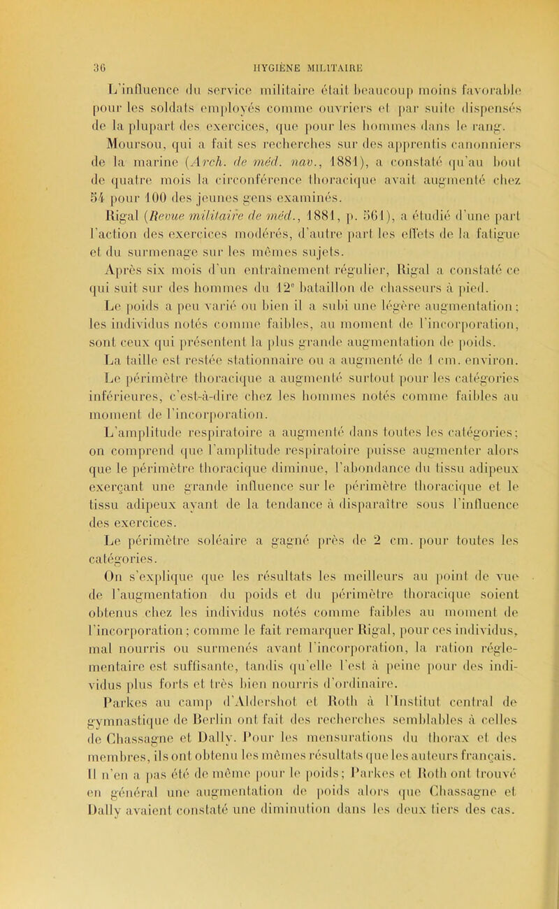 L’influeiico du service militaire élait l)eaucou|i moins favoralde pour les soldats employés comme ouvriei’s (d [>ar suite dispensés de la plupart des exercices, que poui- les hommes dans le i-aiifr. Moursou, qui a fait ses recherches sur des apprentis canonniers de la marine [Arch. de méd. nav., 1881), a constaté (ju’au bout de quatre mois la circonférence thoracique avait augmenté chez 54 pour 100 des jeunes gens examinés. Rigal {Revue müüaire de méd., 1881, p. 501), a étudié d’une part l’action des exercices modérés, d’autre j»art les elléts de la fatigue et du surmenage sur les mômes sujets. Après six mois d’un entrainement régulier, Rigal a constaté ce qui suit sur des hommes du 12® bataillon de chasseurs à pied. Le poids a peu varié ou bien il a subi une légère augmentation; les individus notés comme faibles, au moment de l’incorporation, sont ceux qui présentent la plus grande augmentation de poids. La taille est restée stationnaire ou a augmenté de 1 cm. environ. Le périmètre thoracique a augmenté surtout pour les catégories inférieures, c’est-à-dire chez les hommes notés comme faibles au moment de l’incorjtoration. L’amplitude respiratoire a augmenté dans toutes les catégories; on comprend ([ue l’amplitude respiratoire puisse augmenter alors que le périmètre thoracique diminue, l’abondance du tissu adipeux exerçant une grande iniluence sur le périmètre thoracique et le tissu adipeux ayant de la tendance à disparaître sous l’innuence des exercices. Ije périmètre soléaire a gagné près de 2 cm. pour toutes les catégories. On s’explique que les résultats les meilleurs au point de viu'- de l’augmentation du poids et du périmètre thoraci([ue soient obtenus chez les individus notés comme faibles au moment de l’incorporation; comme le fait remarquer Rigal, pour ces individus, mal nourris ou surmenés avant l’incorjioration, la i-alion régle- mentaire est suffisante, tandis (|u’elle l’est à peine pour des indi- vidus plus forts et très bien nourris d’ordinaire. Rarkes au camp «l’Aldershot et Roth à l’Institut central de gymnastique de Rerlin ont fait des rechendies semblables à celles de Chassagne et Daily. Pour les mensurations du thorax et des memhi-es, ils ont obtenu les mômes résultats ipie les auteurs français. Il n’en a pas été de môme jiour le [loids; Parkes et Roth ont trouvé en général une augmentation de poids alors (pie Chassagne et Daily avaient constaté une diminution dans les deux tiers des cas.