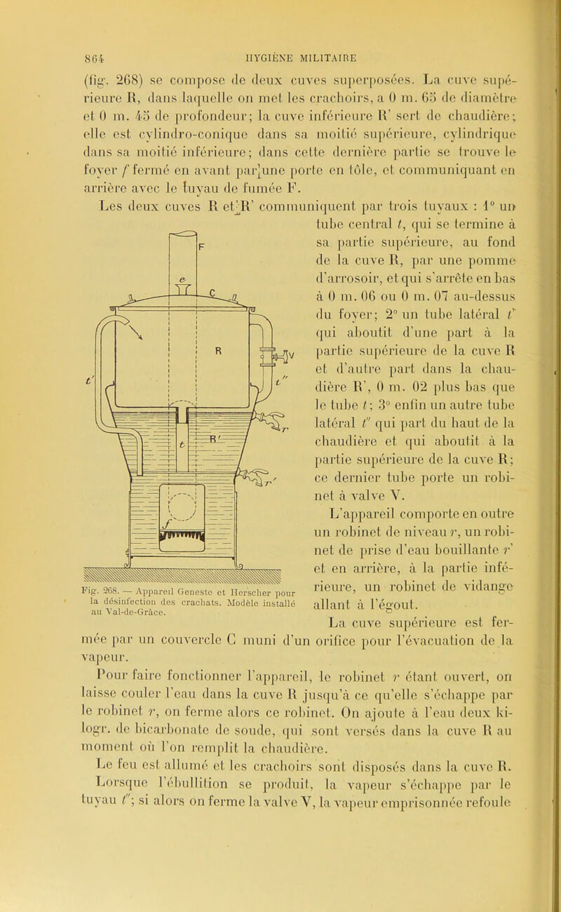 (fig‘. 2G8) se compose de deux cuves sujierposées. La cuve supé- rieure R, dans laquelle on luel. les crachoirs, a 0 in. Go de diamètre et 0 m. 4o de profondeur; la cuve inférieure R’ sert de chaudière; elle est cylindro-conique dans sa moilié supérieure, cylindrique dans sa moitié inférieure ; dans cette dernière partie se ti'ouve le foyer /‘fermé en avant parjune porte en tôle, et communiquant en arrière avec le fuyau de fumée F. Ijes deux cuves R eFR’ communiquent par trois tuyaux : 1“ un tube central t, qui se termine à sa partie supérieure, au fond de la cuve R, par une pomme d’arrosoir, et qui s’arrête en bas à 0 m. OG ou 0 m. 07 au-dessus du foyer; 2“ un tube latéral C qui aboutit d’une part à la partie supérieure de la cuAe R et d’autre part dans la chau- dière R’, 0 m. 02 plus bas que le tube t ; 3“ enfin un autre tube latéral t qui part du haut de la chaudière et qui aboutit à la [lartie supérieure de la cuve R; ce dernier tube porte un roln- net à valve V. L’appareil comporte en outre un robinet de niveau r, un robi- net de prise d’eau bouillante r et en arrière, à la partie infé- rieure, un robinet de vidang’e allant à l’égout. l^a cuve supérieure est fer- mée par un couvercle G muni d’un orifice pour l’évacuation de la vapeur. Pour faire fonctionner l’appareil, le robinet r étant ouvert, on laisse couler l’eau dans la cuve R jusqu’à ce qu’elle s’échappe par le robinet r, on ferme alors ce robinet. On ajoute à l’eau deux ki- logr. de bicaj-bonate de soude, ipii sont versés dans la cuve R au moment où l’on remplit la cbaudière. Le feu est allumé et les crachoirs sont disposés dans la cuve R. Lorsque 1 ébullition se produit, la Auipeur s’échappe par le tuyau t ; si alors on ferme la valve V, la vapeui’ emprisonnée refoule