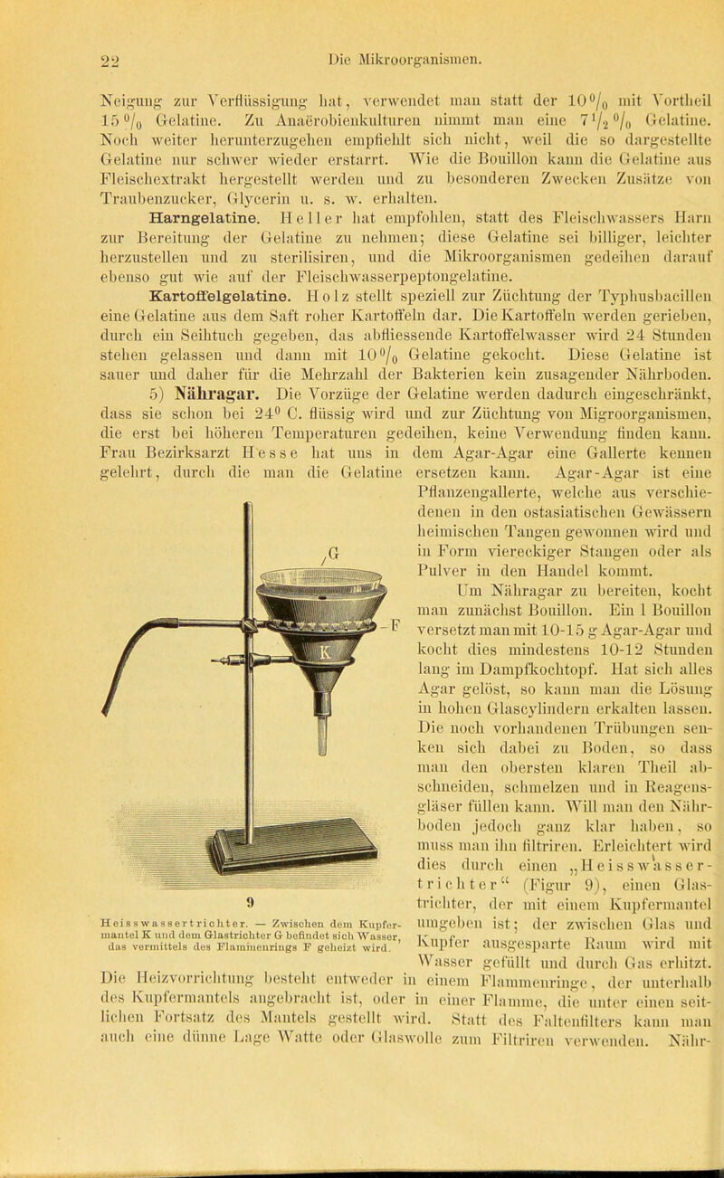 Neigung 15°/o zur Gelatine. hat, verwendet man Zu Anaerobienkulturen nimmt Verflüssigung statt der 10°/, man eine 7 o mit *7* /. Vortlieil Gelatine. dargestellte Noch weiter herunterzugehen empfiehlt sich nicht, weil die so Gelatine nur schwer wieder erstarrt. Wie die Bouillon kann die Gelatine aus Fleischextrakt hergestellt werden und zu besonderen Zwecken Zusätze von Traubenzucker, Glycerin u. s. w. erhalten. Harngelatine. Heller hat empfohlen, statt des Fleischwassers Harn zur Bereitung der Gelatine zu nehmen; diese Gelatine sei billiger, leichter herzustellen und zu sterilisiren, und die Mikroorganismen gedeihen darauf ebenso gut wie auf der Fleischwasserpeptongelatine. Kartofi'elgelatine. Holz stellt speziell zur Züchtung der Typhusbacillen eine Gelatine aus dem Saft roher Kartoffeln dar. Die Kartoffeln werden gerieben, durch ein Seihtuch gegeben, das abfliessende Kartoffelwasser wird 24 Stunden stehen gelassen und dann mit 10 °/0 Gelatine gekocht. Diese Gelatine ist sauer und daher für die Mehrzahl der Bakterien kein zusagender Nährboden. 5) Nähragar. Die Vorzüge der Gelatine werden dadurch eingeschränkt, dass sie schon bei 24° C. flüssig wird und zur Züchtung von Migroorganismen, die erst bei höheren Temperaturen gedeihen, keine Verwendung linden kann. eine Gallerte kennen Frau Bezirksarzt Hesse hat uus in gelehrt, durch die man die Gelatine dem ersetzen Agar-Agar kann. Pflanzengallerte, Agar-Agar ist Heis s w assevt rieht er. — Zwischen dem Kupfer- mantel K und dem Glastrichtor G befindet sich Wasser, das vermittels des Plaminenrings F geheizt wird. eine welche aus verschie- denen in den ostasiatischen Gewässern heimischen Tangen gewonnen wird und in Form viereckiger Stangen oder als Pulver in den Handel kommt. Um Näliragar zu bereiten, kocht man zunächst Bouillon. Ein 1 Bouillon versetzt man mit 10-15 g Agar-Agar und kocht dies mindestens 10-12 Stunden lang im Dampfkochtopf. Hat sich alles Agar gelöst, so kann man die Lösung in hohen Glascylindern erkalten lassen. Die noch vorhandenen Trübungen sen- ken sich dabei zu Boden, so dass man den obersten klaren Tlieil ab- schneiden, schmelzen und in Reagens- gläser füllen kann. Will man den Nähr- boden jedoch ganz klar haben, so muss man ihn liltriren. Erleichtert wird dies durch t r i c h t e r “ trichter, der mit einem Kupfermantel ist; der zwischen Glas und ausgesparte Raum wird mit gefüllt und durch Gas erhitzt. einen „ H e i s s w a s s e r - (Figur 9), einen Glas- umgeben Kupfer Wasser Die Heizvorrichtung besteht entweder in einem Flammenringe, der unterhalb des Kupfermantels angebracht ist liehen Fortsatz des Mantels oder in einer Flamme, die unter einen seit- gestellt wird. Statt des Faltenfilters kann man auch eine dünne Lage Watte oder Glaswolle zum Filtriren verwenden. Nähr-