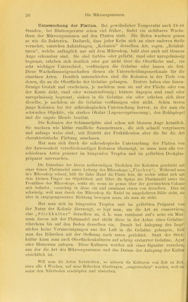 Untersuchung der Platten. Bei gewöhnlicher Temperatur nach 24-48 Stunden, bei Bluttemperatur schon viel früher, findet ein sichtbares Wachs- tlium der Mikroorganismen auf den Platten statt. Die Hefen wachsen genau so wie die Bakterien. Dadurch, dass jeder Keim sich an einer anderen Stelle vermehrt, entstehen Anhäufungen, „Kolonien“ derselben Art, sogen. „Reinkul- turen“, welche anfänglich nur mit dem Mikroskop, bald aber auch mit blossem Auge erkennbar sind. Sie sind farblos oder gefärbt, rund oder unregelmässig begrenzt, erheben sich deutlich oder gar nicht über die Oberfläche und, ein sehr wichtiger Unterschied, verflüssigen die Gelatine oder lassen sie fest. Diese Wachsthumseigenschaften dienen als Unterscheidungsmerkmale für die einzelnen Arten. Deutlich unterschieden sind die Kolonien in der Tiefe von denen, die an die Oberfläche der Gelatine gelangen. Erstere haben eine linsen- förmige Gestalt und erscheinen, je nachdem man sie auf der Fläche oder von der Kante sieht, rund oder wetzsteinförmig; letztere dagegen sind rund oder unregelmässig begrenzt, sinken in die Gelatine ein oder erheben sich über dieselbe, je nachdem sie die Gelatine verflüssigen oder nicht. Schön treten junge Kolonien bei der mikroskopischen Untersuchung hervor, zu der man ein schwaches Objektiv, ein starkes Okular (Lupenvergrösserung), den Hohlspiegel und die engste Blende benützt. Die Kolonien der Schimmelpilze sind schon mit blossem Auge kenntlich. Sie wachsen wie kleine rundliche Sammetrasen, die sich schnell vergrösseru und anfangs weiss sind, mit Eintritt der Fruktification aber die für die Art charakteristische Färbung annehmen. Hat man sich durch die mikroskopische Untersuchung der Platten von der Anwesenheit verschiedenartiger Kolonien überzeugt, so muss man alle ver- schiedenen Arten genauer im hängenden Tropfen und im gefärbten Deckglas- präparat untersuchen. Die Entnahme der hierzu notliwemligen Theilchen der Kolonien geschieht mit einer feinen Platinnadel unter Leitung des Mikroskops („Fischen“). Während man in’s Mikroskop schaut, hält die linke Hand die Platte fest, die rechte stützt sich mit dem kleinen Finger am Objekttisch und führt die Spitze der Platinnadel unter die Frontlinse des Mikroskops, senkt sie, wenn sie genau über der gewünschten Colonie sich befindet, vorsichtig in diese ein und entnimmt etwas von derselben. Dies ist schwierig, weil man durch das Mikroskop die Nadel im umgekehrten Bilde sieht, sie aber in entgegengesetzter Richtung bewegen muss, als man sie sieht. Hat man sich im hängenden Tropfen und im gefärbten Präparat von der Natur der Kolonie überzeugt, so legt man, um die Art zu conserviren, eine „Stichkultur“ derselben an, d. h. man entnimmt auf’s neue ein Mini- mum davon mit der Platinnadel und sticht diese in der Achse eines Gelatine- röhrchens bis aut den Boden desselben ein. Damit bei Anlegung des Impf- stiches keine Verunreinigungen aus der Luft in die Gelatine gelangen, hält man das Röhrchen mit der Oeffnung nach unten gerichtet. Statt der Stich- kultur kann man auch Oberflächenkulturen auf schräg erstarrter Gelatine, Agar i oder Blutserum anlegen. Diese Kulturen werden mit einer Signatur versehen, aus der die Art des Mikroorganismus und das Datum der Anlegung der Kultur ersichtlich ist. Will man die Arten fortzüchten, so müssen die Kulturen von Zeit zu Zeit, etwa alle 4 Wochen, auf neue Röhrchen übertragen, „umgestochen“ werden, weil sie ' sonst den Nährboden erschöpfen und absterben.