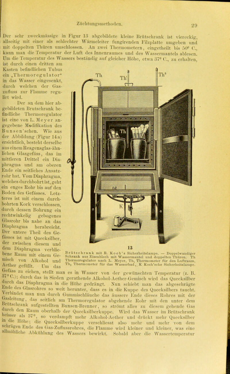 Der sehr zweckmässige in Figur 13 abgebildete kleine Brutschrank ist viereckig, allseitig mit einer als schlechter Wärmeleiter fungirenden Filzplatte umgeben und mit doppelten Tliüren umschlossen. An zwei Thermometern, eingctheilt bis 50° C., kann man die Temperatur der Luft des Innenraumes und des Wassermantels ablesen. Um die Temperatur des Wassers beständig auf gleicher Höhe, etwa 37° C., zu erhalten, ist durch einen dritten am Kasten befindlichen Tubus ein „Thermoregulator“ in das Wasser eingesenkt, durch welchen der Gas- zufluss zur Flamme regu- lirt wird. Der an dem liier ab- gebildeten Brutschrank be- findliche Thermoregulator ist eine von L. Meyer an- gegebene Modifikation des Bunsen’schen. Wie aus der Abbildung (Figur 14a) ersichtlich, besteht derselbe aus einem Reagensglas-ähn- lichen Glasgefäss, das im mittleren Drittel ein Dia- phragma und am oberen Ende ein seitliches Ansatz- rohr hat. Vom Diaphragma, welches durchbohrt ist, geht ein enges Rohr bis auf den Boden des Gefässes. Letz- teres ist mit einem durch- bohrten Kork verschlossen, durch dessen Bohrung ein rechtwinkelig gebogenes Glasrohr bis nahe an das Diaphragma herabreicht. Der untere Theil des Ge- fässes ist mit Quecksilber, der zwischen diesem und dem Diaphragma verblic- hene Raum mit einem Ge- misch von Alkohol und Aether gefüllt. Um das Ml ßichen, stellt man es in Wasser von der gewünschten Temperatur (z. B. V ^urcJl ^as in Sieden gerathende Alkohol-Aether-Gemisch wird das Quecksilber uic das Diaphragma in die Höhe gedrängt. Nun schiebt man das abgeschrägte n c des Glasrohres so weit herunter, dass es in die Kuppe des Quecksilbers taucht, er indet man nun durch Gummischläuche das äussere Ende dieses Rohres mit der aseitung, das seitlich am Thermoregulator abgehende Rohr mit den unter dem rutschrank autgcstellten Bunsen-Brenner, so strömt alles zu diesem gehende Gas ,u. den Raum oberhalb der Quecksilberkuppe. Wird das Wasser im Brütschrank missei als 37°, so verdampft mehr Alkohol-Aether und drückt mehr Quecksilber in f ie Höhe; die Quecksilberkuppe verschliesst also mehr und mehr von dem sc u.igen Ende des Gas-Zuflussrohres, die Flamme wird kleiner und kleiner, was eine <i mähliche Abkühlung des Wassers bewirkt. Sobald aber die Wassertemperatur 13 Brutschrank mit R. Koch’s Sicherheitslampe. — Doppelwandiger Schrank aus Eisenblech mit Wassermantel und doppelten Thüron. Th Thermoregulator nach L. Meyer, Tht Thermometer für den Luftraum, Th2 Thermometer für das Wasserbad, K Koch’sche Sicherheitslampe.