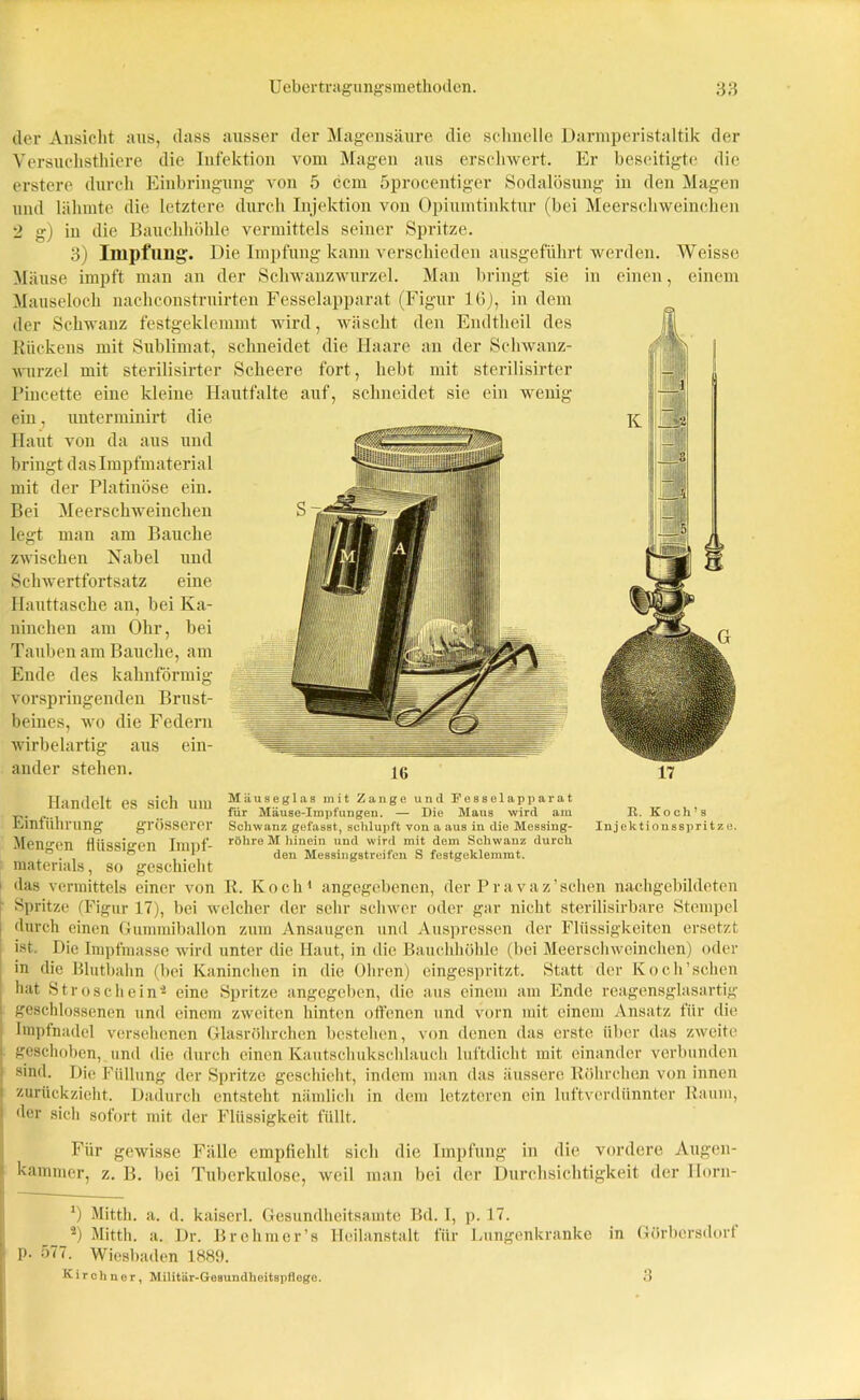 der Ansicht aus, dass ausser der Magensäure die schnelle Darmperistaltik der Versuclisthiere die Infektion vom Magen aus erschwert. Er beseitigte die erstere durch Einbringung von 5 ccm öprocentiger Sodalösung in den Magen und lähmte die letztere durch Injektion von Opiumtinktur (bei Meerschweinchen 2 g) in die Bauchhöhle vermittels seiner Spritze. 3) Impfung. Die Impfung kann verschieden ausgeführt werden. Weisse Mäuse impft man an der Schwanzwurzel. Man bringt sie in Mauseloch nachconstruirten Fesselapparat (Figur 16), in dem der Schwanz festgeklemmt wird, wäscht den Endtheil des Kückens mit Sublimat, schneidet die Haare an der Schwanz- wurzel mit sterilisirter Scheere fort, hebt mit sterilisirter Bincette eine kleine Hautfalte die auf, schneidet sie ein wenn ein, unterminirt Haut von da aus und bringt das Impfmaterial mit der Platinöse ein. Bei Meerschweinchen legt man am Bauche zwischen Nabel und Schwertfortsatz eine Hauttasche an, bei Ka- ninchen am Ohr, bei Tauben am Bauche, am Ende des kahnförmig vorspringenden Brust- beines, wo die Federn wirbelartig aus ein- ander stehen. Handelt es sich um Mäusegias mit Zange und Fesselapparat für Mause-Impfungeu. — Die Maua wird aui 11. Koch’s Eintühvung grösserer Schwanz gefasst, schlupft von a aus in die Messing- Injektionsspritze. Mengen flüssigen Iinnf- röhre M hinein und wird mit dem Schwanz durch 0 . , ” * den Messingstreifen S festgeklemmt. materials, so geschieht das vermittels einer von R. Koch’ angegebenen, der P r a v a z ’ sehen nachgebildeten Spritze (Figur 17), bei welcher der sehr schwer oder gar nicht sterilisirbare Stempel durch einen Gummiballon zum Ansaugen und Auspressen der Flüssigkeiten ersetzt ist. Die Impfmasse wird unter die Haut, in die Bauchhöhle (bei Meerschweinchen) oder in die Blutbahn (bei Kaninchen in die Ohren) eingespritzt. Statt der Koch'sehen hat St roschein4 eine Spritze angegeben, die aus einem am Ende reagensglasartig geschlossenen und einem zweiten hinten offenen und vorn mit einem Ansatz für die Impfnadel versehenen Glasröhrchen bestehen, von denen das erste über das zweite geschoben, und die durch einen Kautschukschlauch luftdicht mit einander verbunden sind. Die Füllung der Spritze geschieht, indem man das äussere Röhrchen von innen zurückzieht. Dadurch entsteht nämlich in dem letzteren ein luftverdünnter Raum, der sich sofort mit der Flüssigkeit füllt. Für gewisse Fälle empfiehlt sich die Impfung in die vordere Augen- kammer, z. B. bei Tuberkulose, weil man bei der Durchsichtigkeit der Ilorn- *) Mitth. a. d. kaiserl. Gesundheitsamte Bd. I, p. 17. 2) Mitth. a. Dr. Brehmer’s Heilanstalt für Lungenkranke p. 577. Wiesbaden 1889. Kirchner, Militär-Gesundheitspflego. in Görborsdorf 3