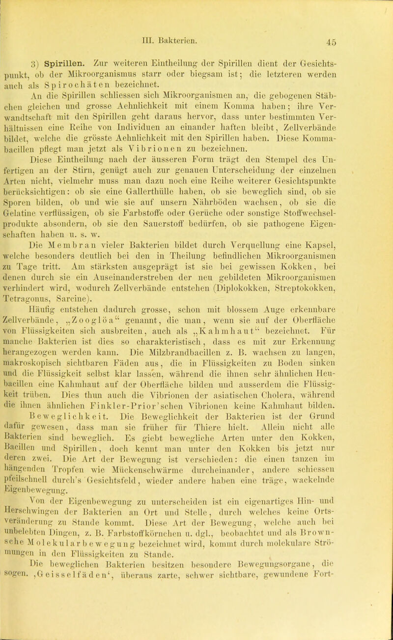 3) Spirillen. Zur weiteren Eintlieilung der Spirillen dient der Gesichts- punkt, ob der Mikroorganismus starr oder biegsam ist; die letzteren werden auch als Spirochäten bezeichnet. An die Spirillen schliessen sich Mikroorganismen an, die gebogenen Stäb- chen gleichen und grosse Aehnlichkeit mit einem Komma haben; ihre Ver- wandtschaft mit den Spirillen geht daraus hervor, dass unter bestimmten Ver- hältnissen eine Reihe von Individuen an einander haften bleibt, Zellverbände bildet, welche die grösste Aehnlichkeit mit den Spirillen haben. Diese Komma- bacillen pflegt man jetzt als Vibrionen zu bezeichnen. Diese Eintlieilung nach der äusseren Form trägt den Stempel des Un- fertigen an der Stirn, genügt auch zur genauen Unterscheidung der einzelnen Arten nicht, vielmehr muss man dazu noch eine Reihe weiterer Gesichtspunkte berücksichtigen: ob sie eine Gallerthülle haben, ob sie beweglich sind, ob sie Sporen bilden, ob und wie sie auf unsern Nährböden wachsen, ob sie die Gelatine verflüssigen, ob sie Farbstoffe oder Gerüche oder sonstige Stoffwechsel- produkte absonderu, ob sie den Sauerstoff bedürfen, ob sie pathogene Eigen- schaften haben u. s. w. Die Membran vieler Bakterien bildet durch Verquellung eine Kapsel, welche besonders deutlich bei den in Theilung befindlichen Mikroorganismen zu Tage tritt. Am stärksten ausgeprägt ist sie bei gewissen Kokken, bei denen durch sie ein Auseinanderstreben der neu gebildeten Mikroorganismen verhindert wird, wodurch Zellverbände entstehen (Diplokokken, Streptokokken, Tetragonus, Sarcine). Häufig entstehen dadurch grosse, schon mit blossem Auge erkennbare Zellverbände, „Zooglöa“ genannt, die man, wenn sie auf der Oberfläche von Flüssigkeiten sich ausbreiten, auch als „Kahmhaut“ bezeichnet. Für manche Bakterien ist dies so charakteristisch, dass es mit zur Erkennung herangezogen werden kann. Die Milzbrandbacillen z. B. wachsen zu langen, makroskopisch sichtbaren Fäden aus, die in Flüssigkeiten zu Boden sinken und die Flüssigkeit selbst klar lassen, während die ihnen sehr ähnlichen Heu- bacillen eine Kahmhaut auf der Oberfläche bilden und ausserdem die Flüssig- keit trüben. Dies thun auch die Vibrionen der asiatischen Cholera, während die ihnen ähnlichen Finkler-Prior’schen Vibrionen keine Kahmhaut bilden. Beweglichkeit. Die Beweglichkeit der Bakterien ist der Grund dafür gewesen, dass man sie früher für Thiere hielt. Allein nicht alle Bakterien sind beweglich. Es giebt bewegliche Arten unter den Kokken, Bacillen und Spirillen, doch kennt man unter den Kokken bis jetzt nur deren zwei. Die Art der Bewegung ist verschieden: die einen tanzen im hängenden Tropfen wie Mückenschwärme durcheinander, andere schiessen pfeilschnell durch’s Gesichtsfeld, wieder andere haben eine träge, wackelnde Eigenbewegung. Von der Eigenbewegung zu unterscheiden ist ein eigenartiges Hin- und Herschwingen der Bakterien an Ort und Stelle, durch welches keine Orts- veränderung zu Stande kommt. Diese Art der Bewegung, welche auch bei unbelebten Dingen, z. B. Farbstoffkörnchen u. dgl., beobachtet und als Brown- sche M ol eku 1 ar b e w egung bezeichnet wird, kommt durch molekulare Strö- mungen in den Flüssigkeiten zu Stande. Die beweglichen Bakterien besitzen besondere Bewegungsorgane, die sogen. ,Geisseifäden‘, überaus zarte, schwer sichtbare, gewundene Fort-