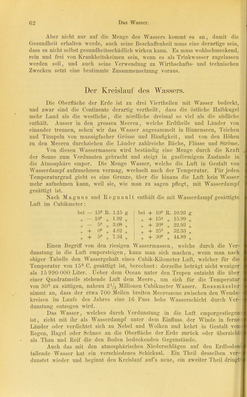 Aber nicht nur auf die Menge des Wassers kommt es an, damit die Gesundheit erhalten werde, auch seine Beschaffenheit muss eine derartige sein, dass es nicht selbst gesundheitsschädlich wirken kann. Es muss wohlschmeckend, rein und frei von Krankheitskeimen sein, wenn es als Trinkwasser zugelassen werden soll, und auch seine Verwendung zu Wirthschafts- und technischen Zwecken setzt eine bestimmte Zusammensetzung voraus. Der Kreislauf des Wassers. Die Oberfläche der Erde ist zu drei Viertheilen mit Wasser bedeckt, und zwar sind die Continente derartig vertheilt, dass die östliche Halbkugel mehr Land als die westliche, die nördliche dreimal so viel als die südliche enthält. Ausser in den grossen Meeren, welche Erdtheile und Länder von einander trennen, sehen wir das Wasser angesammelt in Binnenseen, Teichen und Tümpeln von mannigfacher Grösse und Häufigkeit, und von den Höhen zu den Meeren durchziehen die Länder zahlreiche Bäche, Flüsse und Ströme. 1 Von diesen Wassermassen wird beständig eine Menge durch die Kraft J der Sonne zum Verdunsten gebracht und steigt in gasförmigem Zustande in I die Atmosphäre empor. Die Menge Wasser, welche die Luft in Gestalt von Wasserdampf aufzunehmen vermag, wechselt nach der Temperatur. Für jeden Temperaturgrad giebt es eine Grenze, über die hinaus die Luft kein Wasser 1 mehr aufnehmen kann, weil sie, wie man zu sagen pflegt, mit Wasserdampf | gesättigt ist. Nach Magnus und Regnault enthält die mit Wasserdampf gesättigte Luft im Cubikmeter: bei — 15° R. 1.15 g bei + o o w 10.93 g 77 — 10° „ 1.92 77 77 + 15o 77 15.99 77 77 — 5° „ 3.08 77 77 + 20° 77 22.93 77 77 + 0° „ 4.82 7? 77 + 25° 77 32.33 77 77 + 5° „ 7.34 77 77 + 30° 77 44.89 77 Einen Begriff von den riesigen Wassermassen, welche durch die Ver- I dunstung in die Luft emporsteigen, kann man sich machen, wenn man nach il obiger Tabelle den Wassergehalt eines Cubik-Kilometer Luft, welcher für die II Temperatur von 15° C. gesättigt ist, berechnet: derselbe beträgt nicht weniger I als 15 990 OOO Liter. Ueber dem Ocean unter den Tropen entzieht die über I einer Quadratmeile stehende Luft dem Meere, um sich für die Temperatur ■ von 30° zu sättigen, nahezu 21/2 Millionen Cubikmeter Wasser. Rossmässler I nimmt an, dass der etwa 700 Meilen breiten Meereszone zwischen den Wende- I kreisen im Laufe des Jahres eine 16 Fuss hohe Wasserschicht durch Ver- I dunstung entzogen wird. Das Wasser, welches durch Verdunstung in die Luft emporgestiegen 1 ist, zieht mit ihr als Wasserdampf unter dem Einfluss der Winde in ferne r Länder oder verdichtet sich zu Nebel und AVolken und kehrt in Gestalt von f Regen, Hagel oder Schnee an die Oberfläche der Erde zurück oder überzieht I als Thau und Reif die den Boden bedeckenden Gegenstände. Auch das mit den atmosphärischen Niederschlägen auf den Erdboden 1 fallende Wasser hat ein verschiedenes Schicksal. Ein Tlieil desselben ver- I dunstet wieder und beginnt den Kreislauf auf’s neue, ein zweiter Theil dringt I