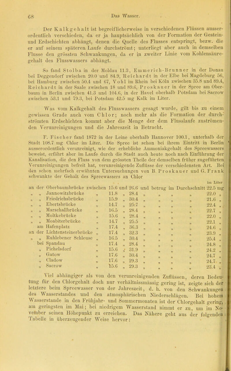 Der Kalk ge halt ist begreiflicherweise in verschiedenen Flüssen ausser- ordentlich verschieden, da er ja hauptsächlich von der Formation der Gestein- und Erdschichten abhängt, denen die Quelle des Flusses entspringt, bezw. die er auf seinem späteren. Laufe durchströmt; unterliegt aber auch in demselben Flusse den grössten Schwankungen, da er in zweiter Linie vom Kohlensäure- gehalt des Flusswassers abhängt. So fand S t o 1 b a in der Moldau 11.3, Emme rieh- Brunner in der Donau bei Deggendorf zwischen 20.0 und 84.9, Reiehardt in der Elbe bei Magdeburg 56, bei Hamburg zwischen 50.4 und 67, V o h 1 im Rhein bei Köln zwischen 35.8 und 89.4, Reiehardt in der Saale zwischen 18 und 89.6, Pro skalier in der Spree am Ober- baum in Berlin zwischen 41.3 und 104.6, in der Havel oberhalb Potsdam bei Sacrow zwischen 53.1 und 79.3, bei Potsdam 42.5 mg Kalk im Liter. Was vom Kalkgehalt des Flusswassers gesagt wurde, gilt bis zu einem gewissen Grade auch vom Chlor; noch mehr als die Formation der durch- strömten Erdschichten kommt aber die Menge der dem Flusslaufe zuströmen- den Verunreinigungen und die Jahreszeit in Betracht. F. Fischer fand 1872 in der Leine oberhalb Hannover 100.1, unterhalb der Stadt 108.7 mg Chlor im Liter. Die Spree ist schon bei ihrem Eintritt in Berlin 1 ausserordentlich verunreinigt, wie der erhebliche Ammoniakgehalt des Spreewassers beweist, erfährt aber im Laufe durch die Stadt auch heute noch nach Einführung der Kanalisation, die den Fluss von dem grössten Theile der demselben früher zugeführten Verunreinigungen befreit hat, verunreinigende Zuflüsse der verschiedensten Art. Bei g den schon mehrfach erwähnten Untersuchungen von B. Proskauer und G. Frank schwankte der Gehalt des Spreewassers an Chlor im Liter an der Oberbaumbrücke zwischen 15.6 und 26.6 und betrug im Durchschnitt 22.5 mg n „ Jannowitzbrücke 77 11.8 77 28.4 77 77 77 77 22.0 71 „ Friedrichsbrücke 77 15.9 77 30.4 77 21.6 77 „ Ebertsbrücke 71 14.7 77 25:7 77 22.4 77 „ Marschallbrücke 77 16.5 77 28.4 77 22.7 77 „ Moltkebrücke 77 15.6 77 28.4 77 22.0 71 „ Moabiterbrücke 77 14.7 77 25.5 77 22.1 am Hafenplatz 77 17.4 77 36.3 77 77 77 77 24.6 an der Lichtensteinerbriicke 71 17.4 77 32.3 23.9 n „ Ruhlebener Schleuse 77 16.5 77 30.4 77 25.4 bei Spandau 77 17.4 77 28.4 24.8 „ Pichelsdorf 77 15.6 77 31.9 24.2 „ Gatow 77 17.6 77 30.4 24.7 „ Cladow 77 17.6 77 29.3 77 24.7 „ Sacrow 77 15.6 77 29.3 77 77 77 77 23.4 Viel abhängiger als von den verunreini ig, enden Zuflüssen, deren Bed tung iiii den C hloigchnlt doch nur verliältnissnnissig gering' ist, zeigte sich der letztere beim Spreewasser von der Jahreszeit, d. h. von den Schwankungen des Wasserstandes und den atmosphärischen Niederschlägen. Bei hohem Wasserstande in den Frühjahr- und Sommermonaten ist der Chlorgehalt gering, am geiingsten im Mai, bei niedrigem AVasserstand nimmt er zu, um im No- vember seinen Höhepunkt zu erreichen. Das Nähere geht aus der folgenden Tabelle in überzeugender Weise hervor: - J I