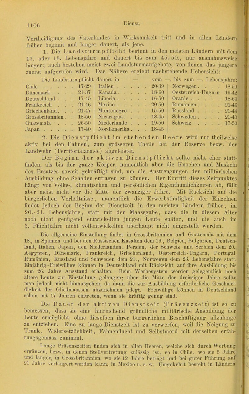 Vertheidigung cles Vaterlandes in Wirksamkeit tritt und in allen Ländern früher beginnt und länger dauert, als jene. 1. Die Landsturmpflicht beginnt in den meisten Ländern mit dem 17. oder 18. Lebensjahre und dauert bis zum 45.-50., nur ausnahmsweise länger; auch bestehen meist zwei Landsturmaufgebote, von denen das jüngere zuerst aufgerufen wird. Das Nähere ergiebt nachstehende Uebersicht: Die Landsturmpflicht Chile .... . 17-29 Dänemark . . . 21-37 Deutschland . . . 17-45 Frankreich . . . 21-46 Griechenland. . . 21-47 Grossbritannien. . 18-50 Guatemala . . . 26-50 Japan .... . 17-40 dauert in vom Italien . . . . . 20-39 Kanada. . . . . 18-60 Liberia . . . . . 16-50 Mexico . . . . . 20-50 Montenegro . . . 15-50 Nicaragua. . . . 18-45 Niederlande . . . 19-50 Nordamerika. . . 18-45 . bis zum —. Lebensjahre: Norwegen. . . . 18-50 Oesterreich-Ungarn 19-42 Oranje 18-60 Rumänien .... 21-46 Russland .... 21-44 Schweden .... 21-40 Schweiz .... 17-50 2. Die Dienstpflicht im stehenden Heere wird nur theilweise aktiv bei den Fahnen, zum grösseren Theile bei der Reserve bezw. der Landwehr (Territorialarmee) abgeleistet. Der Beginn der aktiven Dienstpflicht sollte nicht eher statt- finden, als bis der ganze Körper, namentlich aber die Knochen und Muskeln des Ersatzes soweit gekräftigt sind, um die Anstrengungen der militärischen Ausbildung ohne Schaden ertragen zu können. Der Eintritt dieses Zeitpunktes hängt von Volks-, klimatischen und persönlichen Eigenthiimlichkeiten ah, fällt aber meist nicht vor die Mitte der zwanziger Jahre. Mit Rücksicht auf die bürgerlichen Verhältnisse, namentlich die Erwerbsthätigkeit der Einzelnen findet jedoch der Beginn der Dienstzeit in den meisten Ländern früher, im 20.-21. Lebensjahre, statt mit der Maassgabe, dass die in diesem Alter noch nicht genügend entwickelten jungen Leute später, und die auch im 3. Pflichtjahre nicht vollentwickelten überhaupt nicht eingestellt werden. Die allgemeine Einstellung findet in Grossbritannien und Guatemala mit dem 18., in Spanien und bei den Russischen Kasaken dem 19., Belgien, Bulgarien, Deutsch- land, Italien, Japan, den Niederlanden, Persien, der Schweiz und Serbien dem 20., Aegypten, Dänemark, Frankreich, Griechenland, Oesterreich-Ungarn, Portugal, Rumänien, Russland und Schweden dem 21., Norwegen dem 23. Lebensjahre statt. Einjährig-Freiwülige können in Deutschland mit Rücksicht auf ihre Ausbildung bis zum 26. Jahre Ausstand erhalten. Beim Werbesystem werden gelegentlich noch ältere Leute zur Einstellung gelangen; über die Mitte der dreissiger Jahre sollte man jedoch nicht hinausgehen, da dann die zur Ausbildung erforderliche Geschmei- digkeit der Gliedmaassen abzunehmen pflegt. Freiwillige können in Deutschland schon mit 17 Jahren ein treten, wenn sie kräftig genug sind. Die Dauer der aktiven Dienstzeit (Präsenzzeit) ist so zu bemessen, dass sie eine hinreichend gründliche militärische Ausbildung der Leute ermöglicht, ohne dieselben ihrer bürgerlichen Beschäftigung allzulange zu entziehen. Eine zu lange Dienstzeit ist zu verwerfen, weil die Neigung zu Trunk, Widersetzlichkeit, Fahnenflucht und Selbstmord mit derselben erfah- rungsgemäss zunimmt. Lange Präsenzzeiten finden sich in allen Heeren, welche sich durch Werbung ergänzen, bezw. in denen Stellvertretung zulässig ist, so in Chile, wo sie 5 Jahre und länger, in Grossbritannien, wo sie 12 Jahre beträgt und bei guter Führung auf 21 Jahre verlängert werden kann, in Mexico u. s. w. Umgekehrt besteht in Ländern