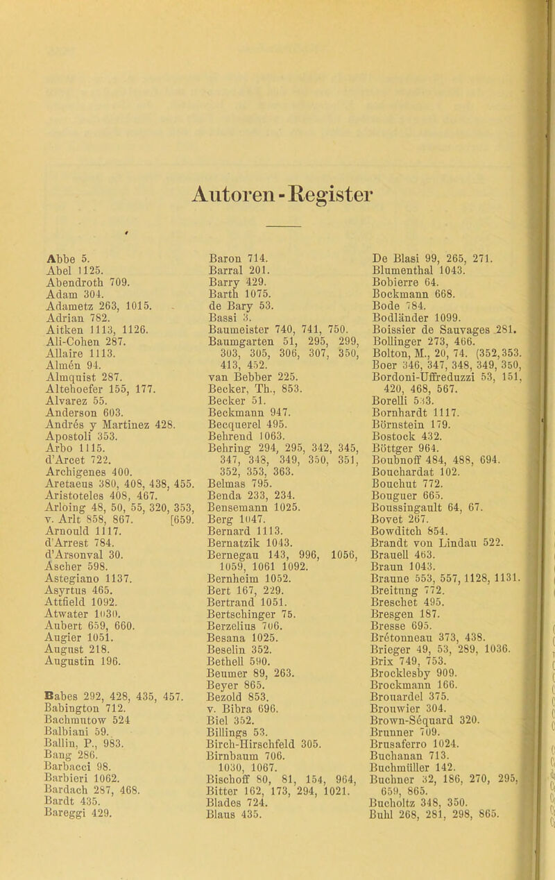 Autoren - Register Abbe 5. Abel 1125. AbencLroth 709. Adam 304. Adametz 263, 1015. Adrian 782. Aitken 1113, 1126. Ali-Coken 287. Allaire 1113. Almen 94. Almquist 287. Altehoefer 155, 177. Alvarez 55. Anderson 603. Andres y Martinez 428. Apostoli 353. Arbo 1115. d’Arcet 722. Arckigenes 400. Aretaeus 380, 408, 438, 455. Aristoteles 408, 467. Arloing 48, 50, 55, 320, 353, v. Arlt 858, 867. [659. Arnould 1117. d’Arrest 784. d’Arsonval 30. Ascher 598. Astegiano 1137. Asyrtus 465. Attfield 1092. Atwater li)3(>. Aubert 659, 660. Augier 1051. August 218. Augustin 196. Babes 292, 428, 435, 457. Babington 712. Backmutow 524 Balbiani 59. Ballin, P., 983. Bang 286. Barbacci 98. Barbieri 1062. Bardach 287, 468. Bardt 435. Baron 714. Barral 201. Barry 429. Barth 1075. de Bary 53. Bassi 3. Baumeister 740, 741, 750. Baumgarten 51, 295, 299, 303, 305, 306, 307, 350, 413, 452. van Bebber 225. Becker, Th., 853. Becker 51. Beckmann 947. Becquerel 495. Behrend 1063. Behring 294, 295, 342, 345, 347, 348, 349, 350, 351, 352, 353, 363. Belmas 795. Benda 233, 234. Bensemann 1025. Berg ln47. Bernard 1113. Bernatzik 1043. Bernegau 143, 996, 1056, 1059, 1061 1092. Bernheim 1052. Bert 167, 229. Bertrand 1051. Bertschinger 75. Berzelius 7u6. Besana 1025. Beselin 352. Bethell 590. Beumer 89, 263. Beyer 865. Bezold 853. v. Bibra 696. Biel 352. Billings 53. Birch-Hirschfeld 305. Birnbaum 706. 1030, 1067. Bischoff 80, 81, 154, 964, Bitter 162, 173, 294, 1021. Blades 724. De Blasi 99, 265, 271. Blumenthal 1043. Bobierre 64. Bockmann 668. Bode 784. Bodländer 1099. Boissier de Sanvages .281. Bollinger 273, 466. Bolton, M., 20, 74. (352,353. Boer 346, 347, 348, 349, 350, Bordoni-Uffreduzzi 53, 151, 420, 468, 567. Borelli 5 i3. Bornhardt 1117. Börnstein 179. Bostock 432. Böttger 964. Boubnoff 484, 488, 694. Bouchardat 102. Bouckut 772. Bouguer 665. Boussingault 64, 67. Bovet 267. Bowditck 854. Brandt von Lindau 522. Brauell 463. Braun 1043. Braune 553, 557,1128, 1131. Breitung 772. Breschet 495. Bresgen 187. Bresse 695. Bretonneau 373, 438. Brieger 49, 53, 289, 1036. Brix 749, 753. Brocklesby 909. Brockmann 166. Brouardel 375. Brouwier 304. Brown-Sequard 320. Brunner 709. Brusaferro 1024. Buchanan 713. Buchmüller 142. Büchner 32, 186, 270, 295, 659, 865. Bucholtz 348, 350.