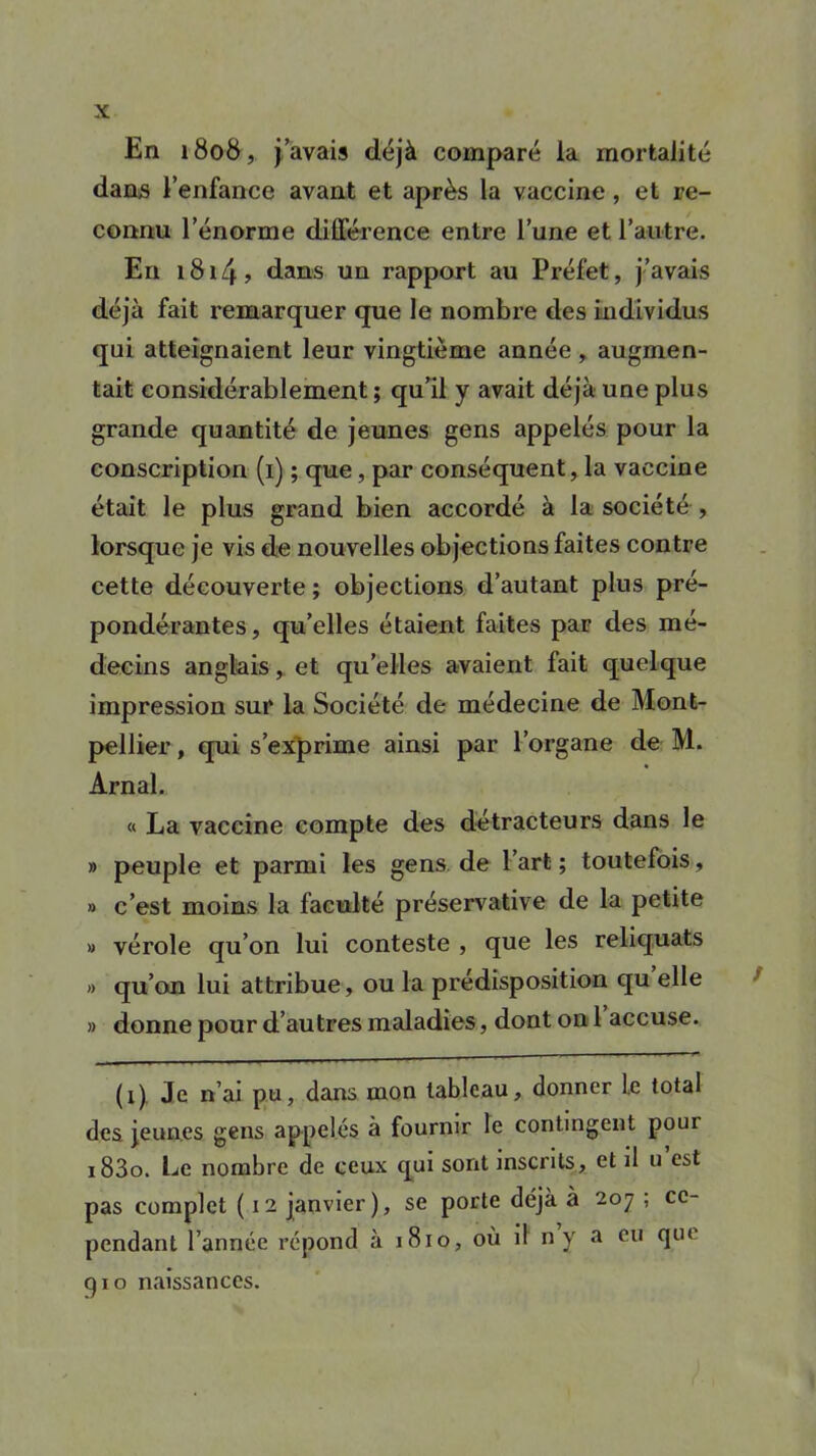 En 1808, j’avais déjà comparé la mortalité dans l’enfance avant et après la vaccine, et re- connu l’énorme différence entre l’une et l’autre. En 1814 ? dans un rapport au Préfet, j’avais déjà fait remarquer que le nombre des individus qui atteignaient leur vingtième année, augmen- tait considérablement ; qu’il y avait déjà une plus grande quantité de jeunes gens appelés pour la conscription (1) ; que, par conséquent, la vaccine était le plus grand bien accordé à la société , lorsque je vis de nouvelles objections faites contre cette découverte; objections d’autant plus pré- pondérantes, qu’elles étaient faites par des mé- decins anglais, et quelles avaient fait quelque impression sur la Société de médecine de Mont- pellier , qui s’exprime ainsi par l’organe de M. Arnal. « La vaccine compte des détracteurs dans le » peuple et parmi les gens de Fart ; toutefois, » c’est moins la faculté préservative de la petite » vérole qu’on lui conteste , que les reliquats » qu’on lui attribue, ou la prédisposition qu elle » donne pour d’autres maladies, dont on 1 accuse. (1) Je n’ai pu, dans mon tableau, donner le total des jeunes gens appelés à fournir le contingent pour i83o. Le nombre de ceux qui sont inscrits, et il u est pas complet ( 12 janvier), se porte déjà à 207 , ce- pendant l’année répond à 1810, où il n y a eu qui qio naissances.