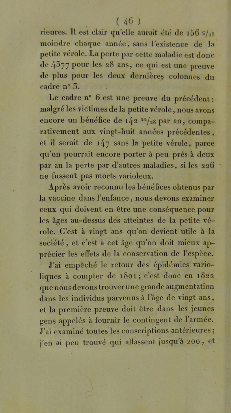 rieures. 11 est clair quelle aurait été de 156 o/28 moindre chaque année, sans l’existence de la petite vérole. La perte par cette maladie est donc de 4^77 pour les 28 ans, ce qui est une preuve de plus pour les deux dernières colonnes du cadre n° 5. Le cadre n° 6 est une preuve du précédent : malgré les victimes de la petite vérole, nous avons encore un bénéfice de 1^2 Q2/as par an, compa- rativement aux vingt-huit années précédentes , et il serait de 147 sans la petite vérole, parce qu’on pourrait encore porter à peu près à deux par an la perte par d’autres maladies, si les 226 ne fussent pas morts varioleux. Après avoir reconnu les bénéfices obtenus par la vaccine dans l’enfance, nous devons examiner ceux qui doivent en être une conséquence pour les âges au-dessus des atteintes de la petite vé- role. C’est à vingt ans qu’on devient utile à la société, et c’est à cet âge qu’on doit mieux ap- précier les effets de la conservation de l’espèce. J’ai empêché le retour des épidémies vario- liques à compter de 1801; c’est donc en 1822 que nous devons trouver une grande augmentation dans les individus parvenus à l’âge de vingt ans, et la première preuve doit être dans les jeunes gens appelés à fournir le contingent de l’armée. J’ai examiné toutes'les conscriptions antérieures; j’en ai peu trouvé qui allassent jusqu’à 200, et