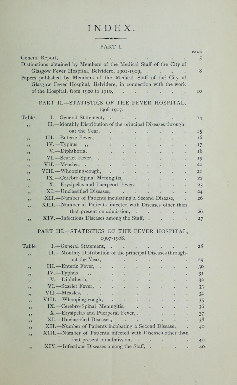 INDEX. PART I. PAGE General Report, .......... 5 Distinctions obtained by Members of the Medical Staff of the City of Glasgow Fever Hospital, Belvidere, 1901-1909, .... 8 Papers published by Members of the Medical Staff of the' City of Glasgow Fever Hospital, Belvidere, in connection with the work of the Hospital, from 1900 to 1910, ...... 10 PART II.—STATISTICS OF THE FEVER HOSPITAL, 1906-1907. Table I.—General Statement, . . . . . . . 14 ,, II.—Monthly Distribution of the principal Diseases through- out the Year, . . . . . . . 15 ,, III.—Enteric Fever, ....... 16 ,, IV.—Typhus ,, ....... 17 ,, V.—Diphtheria, ........ 18 ,, VI.—Scarlet Fever, 19 ,, VII.—Measles, ......... 20 ,, VIII.—Whooping-cough, ....... 21 ,, IX.—Cerebro-Spinal Meningitis, ..... 22 ,, X.—Erysipelas and Puerperal Fever, .... 23 ,, XI.—Unclassified Diseases, ...... 24 ,, XII.—Number of Patients incubating a Second Disease, . 26 ,, XIII.—Number of Patients infected with Diseases other than that present on admission, ..... 26 ,, XIV.—Infectious Diseases among the Staff, .... 27 PART III.-STATISTICS OF THE FEVER HOSPITAL, 1907-1908. Table I.—General Statement, ....... ,, II. — Monthly Distribution of the principal Diseases through- out the Year, ....... ,, III.—Enteric Fever, „ IV.—Typhus ,, V.—Diphtheria, ........ ,, VI.—Scarlet Fever, ........ ,, VII.—Measles, ......... ,, VIII.—Whooping-cough, ....... ,, IX.—Cerebro-Spinal Meningitis, ..... ,, X.—Erysipelas and Puerperal Fever, ..... ,, XI.—Unclassified Diseases, ...... ,, XII.—Number of Patients incubating a Second Disease, ,, XIII.—Number of Patients infected with Diseases other than that present on admission, ..... ,, XIV.—Infectious Diseases among the Staff, . . . . 28 29 30 31 32 33 34 35 36 37 38 40 40 40