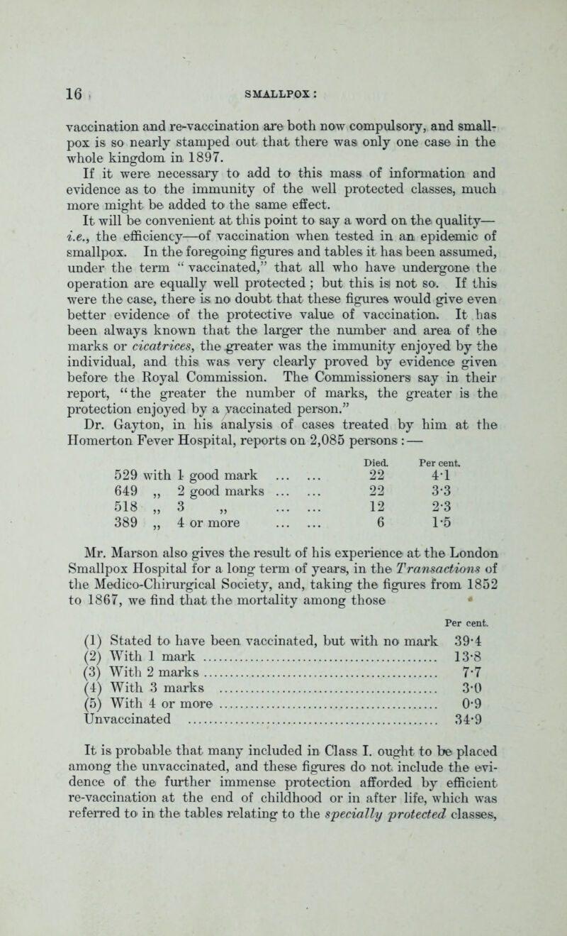 vaccination and re-vaccination are both now compulsory, and small- pox is so nearly stamped out that there was only one case in the whole kingdom in, 1897. If it were necessary to add to this mass of information and evidence as to the immunity of the well protected classes, much more might be added to the same effect. It will be convenient at this point to say a word on the, quality— i.e., the efficiency—of vaccination when tested in an epidemic of smallpox. In the- foregoing figures and tables it has been assumed, under the term “ vaccinated,” that all who have undergone the operation are- equally well protected; but this isi not so-. If this were the case, there is no doubt that these figures would give even better evidence of the protective value of vaccination. It has been always known that the larger the number and area of the marks or cicatrices, the .greater was the immunity enjoyed by the individual, and this was very clearly proved by evidence given before the Royal Commission. The Commissioners say in their report, “the greater the number of marks, the greater is the protection enjoyed by a vaccinated person.” Dr. Gayto-n, in his analysis of cases treated by him at the Homerton Fever Hospital, reports on 2,085 persons: — Died Per cent. 529 i vith 1 good mark 22 4*1 649 >» 2 good marks 22 3*3 518 jj 3 )> 12 2*3 389 »» 4 or more 6 1*5 Mr. Marson also gives the result of his experience at the London Smallpox Hospital for a long term of years, in the Transactions of the Medico-Chirurgical Society, and, taking the figures from 1852 to 1867, we find that the mortality among those Per cent. (1) Stated to have been vaccinated, but with no mark 39-4 (2) With 1 mark 13*8 (3) With 2 marks 7*7 (4) With 3 marks 3*0 (5) With 4 or more 0*9 Unvaccinated 34*9 It is probable that many included in Class I. ought to be placed among the unvaccinated, and these figures do not include the evi- dence of the further immense protection afforded by efficient re-vaccination at the end of childhood or in after life, which was referred to in the tables relating to the specially protected classes,