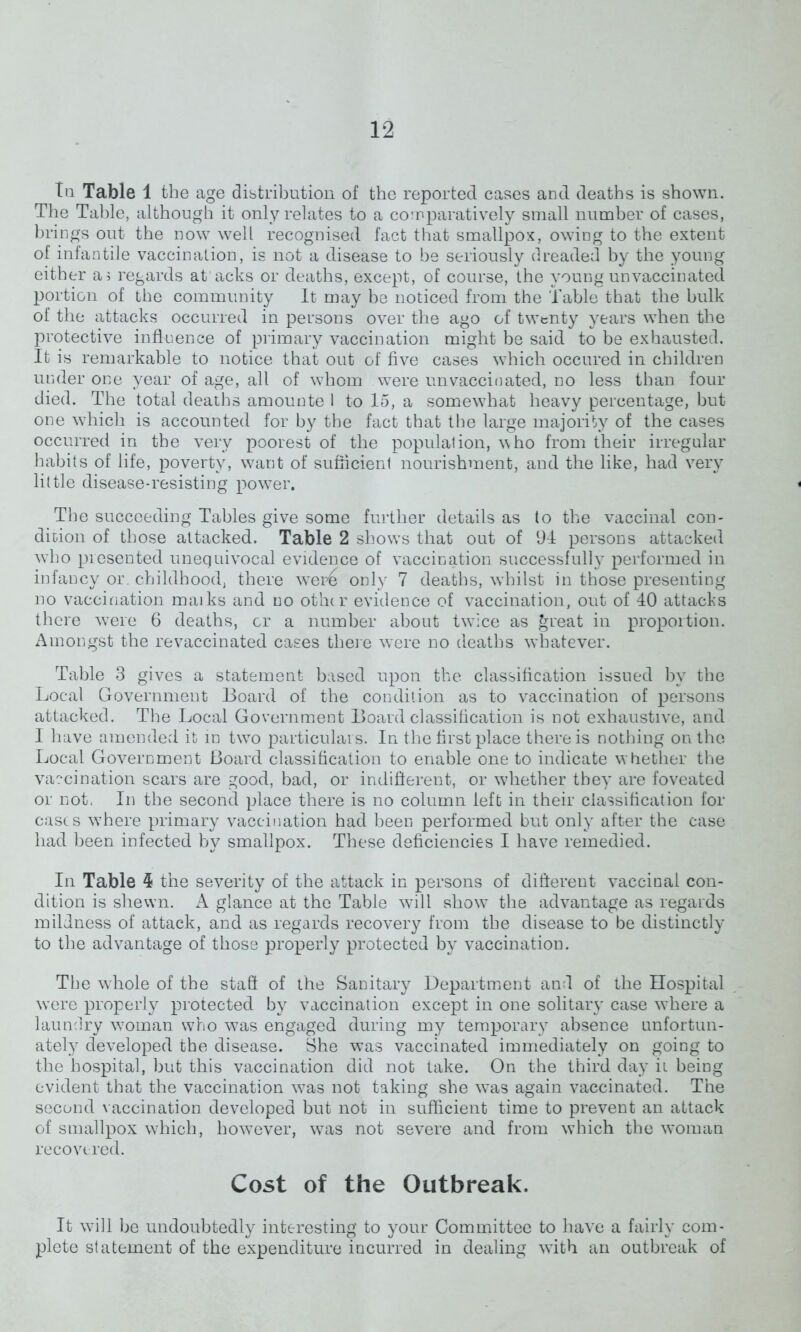 In Table 1 the age distribution of the reported cases and deaths is shown. The Table, although it only relates to a comparatively small number of cases, brings out the now well recognised fact that smallpox, owing to the extent of infantile vaccination, is not a disease to be seriously dreaded by the young either a; regards at'acts or deaths, except, of course, the young unvaccinated portion of the community It may be noticed from the Table that the bulk of the attacks occurred in persons over the ago of twenty years when the protective influence of primary vaccination might be said to be exhausted. It is remarkable to notice that out of five cases which occured in children under one year of age, all of whom were unvaccinated, no less than four died. The total deaths amounte I to 15, a somewhat heavy percentage, but one which is accounted for by the fact that the large majority of the cases occurred in the very poorest of the population, who from their irregular habits of life, poverty, want of sufficient nourishment, and the like, had very little disease-resisting power. The succeeding Tables give some further details as to the vaccinal con- dition of those attacked. Table 2 show’s that out of 94 persons attacked who presented unequivocal evidence of vaccination successfully performed in infancy or. childhood, there were only 7 deaths, whilst in those presenting no vaccination maiks and no other evidence of vaccination, out of 40 attacks there were 6 deaths, cr a number about twice as great in proportion. Amongst the revaccinated cases there were no deaths whatever. Table 3 gives a statement based upon the classification issued by the Local Government Board of the condition as to vaccination of persons attacked. The Local Government Board classification is not exhaustive, and I have amended it in twTo particulars. In the first place there is nothing on the Local Government Board classification to enable one to indicate whether the vaccination scars are good, bad, or indifferent, or whether they are foveated or not. In the second place there is no column left in their classification for cases where primary vaccination had been performed but only after the case had been infected by smallpox. These deficiencies I have remedied. In Table 4 the severity of the attack in persons of different vaccinal con- dition is shewn. A glance at the Table will show the advantage as regards mildness of attack, and as regards recovery from the disease to be distinctly to the advantage of those properly protected by vaccination. The whole of the staff of the Sanitary Department and of the Hospital wyere properly protected by vaccination except in one solitary case where a laundry woman who was engaged during my temporary absence unfortun- ately developed the disease. She was vaccinated immediately on going to the hospital, but this vaccination did not take. On the third day it being evident that the vaccination was not taking she wras again vaccinated. The second vaccination developed but not in sufficient time to prevent an attack of smallpox w?hich, however, wTas not severe and from which the woman recovered. Cost of the Outbreak. It will be undoubtedly interesting to your Committee to have a fairly com- plete statement of the expenditure incurred in dealing with an outbreak of