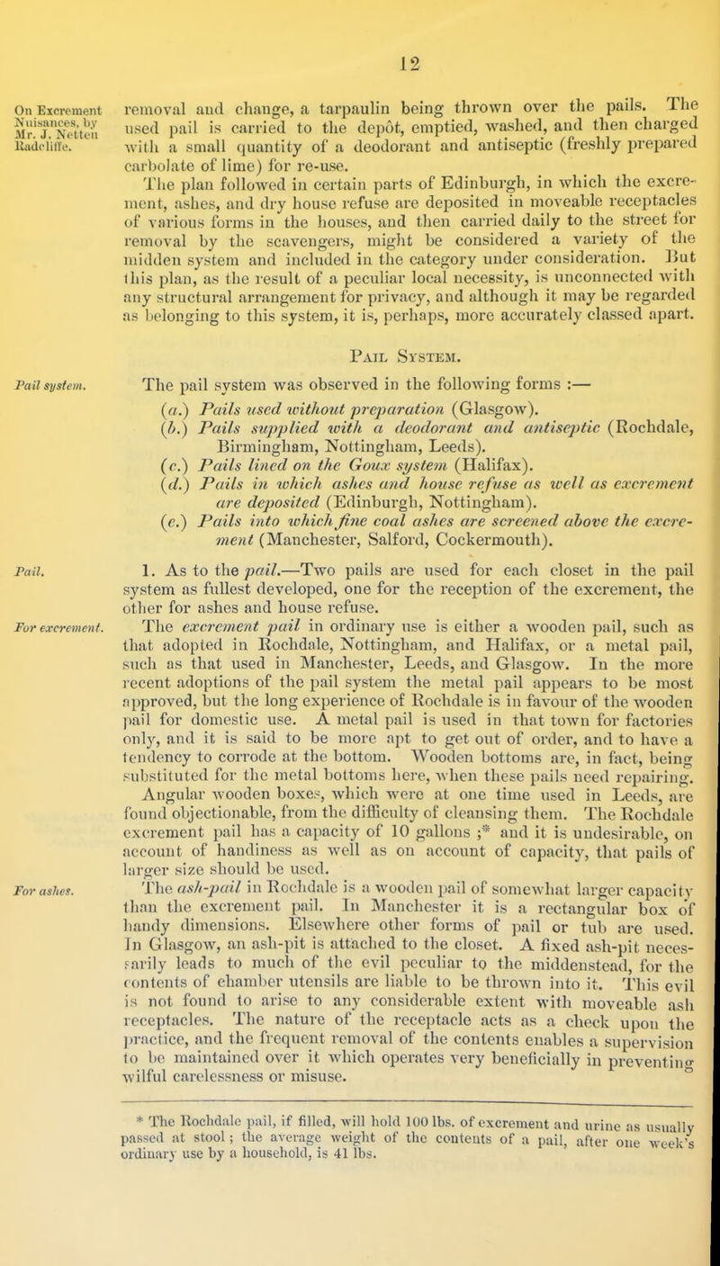 On Excrement N iiisances, by Mr. J. Netteii lliidelitTe. Pa il system. Pail. For excrement. For ashes. removal and change, a tarpaulin being thrown over the pails. The used pail is carried to the depot, emptied, washed, and then charged Avith a small quantity of' a deodorant and antiseptic (freshly iwepared carbolate of lime) for re-use. The plan followed in certain parts of Edinburgh, in which the excre- ment, ashes, and dry house refuse are deposited in moveable receptacles of various forms in the liouses, and then carried daily to the street for removal by the scavengers, might be considered a variety of the midden system and included in the category under consideration. But this plan, as the result of a peculiar local neces.sity, is unconnected Avith any structural arrangement for privacy, and although it may be regarded as belonging to this .system, it is, perhaps, more accurately chas.sed apart. Pail System. The pail system Avas observed in the folloAving forms :— {a.) Pails used leithout 'preparation (GlasgOAv). (Z».) Pails supplied with a deodorant and antiseptie (Rochdale, Birmingham, Nottingham, Leeds). (c.) Pails lined on the Goux system (Halifax). (^/.) Pails in tohich ashes and house refuse as well as excrement are dep>osited (Edinburgh, Nottingham). (c.) Pails into which fine coal ashes are screened above the excre- ment (Manchester, Salford, Cockermouth). 1. As to the pail.—Two pails are used for each closet in the pail system as fullest developed, one for the reception of the excrement, the other for ashes and house refuse. The excrement pail in ordinary use is either a Avooden pail, such as that adopted in Rochdale, Nottingham, and Halifax, or a metal pail, such as that used in Manchester, Leeds, and GlasgOAv. In the more recent adoptions of the pail system the metal pail appears to be most approved, but the long experience of Rochdale is in favour of the AAmoden ))ail for domestic use. A metal pail is used in that toAvn for factories only, and it is said to be more apt to get out of order, and to have a tendency to corrode at the bottom. Wooden bottoms are, in fact, being substituted for the metal bottoms here, Avhen these pails need repairing. Angular Avooden boxes, Avhich were at one time used in Leeds, are found objectionable, from the difficulty of cleansing them. The Rochdale excrement pail has a capacity of 10 gallons and it is undesirable, on account of handiness as Avell as on account of capacity, that pails of larger size should bo used. The ash-pail in Rochdale is a Avooden pail of someAvhat larger capacity than the excrement pail. In Manchester it is a rectangular box of handy dimensions. ElseAvhere other forms of pail or tub are used. In GlasgOAAq an ash-pit is attached to the clo.set. A fixed ash-pit neces- .'arily leads to mucli of the evil peculiar to the middeustead, for the contents of chamber utensils are liable to be throAvn into it. This evil is not found to arise to any considerable extent Avith moveable ash receptacles. The nature of the receptacle acts as a check upon the ])racfice, and the frequent removal of the contents enables a supervision to be maintained over it Avhich operates very beneficially in preventino- Avilful carelessness or misuse. “ * The Kochdale pail, if filled, Avill hold lUOlbs. of excrement and urine as usually passed at stool; the average Aveight of the contents of a pail, after one week’s ordinary use by a household, is 41 lbs.