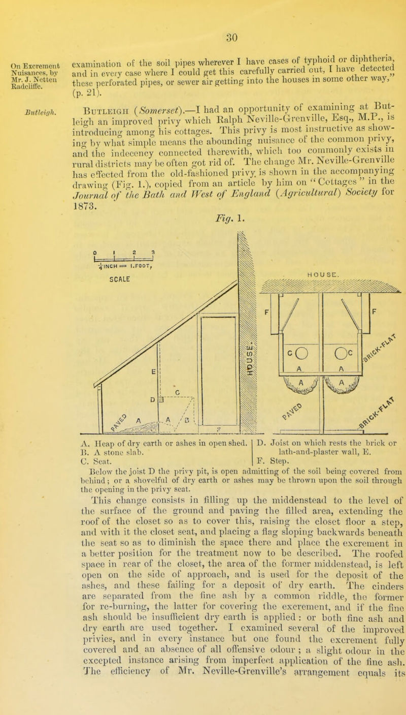 On Excrement Nuisances, by Mr. J. Netlen Raddiffe. Butleiyh. examination of the soil i)i])es wherever I have cases of typhoid or diphtheiia, and in every case where I could get this carefully carried out, I have detected these jierforated pipes, or sewer air getting into the houses in some other way, (p. 21). imr bv wlmt simple means the abounding nuisaiiee ot the common pnvy, anTl the indecency connected therewith, which too tnniiuonly exisis in rural districts may be often got rid of. The change Mr. ISeville-Gienvi e has clFeetcd from the old-fashioned privy is shown in the accompanying drawing (Fig. 1.), copied from an article by him on “ Cottages ’’ in the Journal of the Bath and West of England {Agricultural) Sociehj lor 1873. Fiq. 1. Below the joist D the privy pit, is open admitting of the soil being covered from beliind; or a shovelful of dry earth or ashes may he thrown upon the soil through the opening in the privy seat. This change consists in filling up the iniddenstead to the level of the surface of the ground and paving the filled area, extending the roof of the closet so as to cover this, raising the closet floor a step, and Avith it the closet seat, and placing a flag sloping backwards beneath the scat so as to diminish the space there and phice the excrement in a better position for the treatment now to be described. The roofed space in rear of the closet, the area of the former iniddenstead, is left open on the side of approach, and is used for the deposit of the ashes, and thc.se failing for a deposit of dry earth. The cinders are separated from the fine ash liy a common riddle, the former for re-burning, the latter for covering the excrement, and if the fine ash should be insulflcient dry earth is applied : or both fine ash and dry earth are used together. I examined several of the improved privies, and in every instance but one found the excrement fully covered and an absence of all oft'ensive odour ; a slight odour in the excepted instonce arising from imperfect application of the line ash. The elliciency of Mr. Neville-Grenville’s arrangement equals its