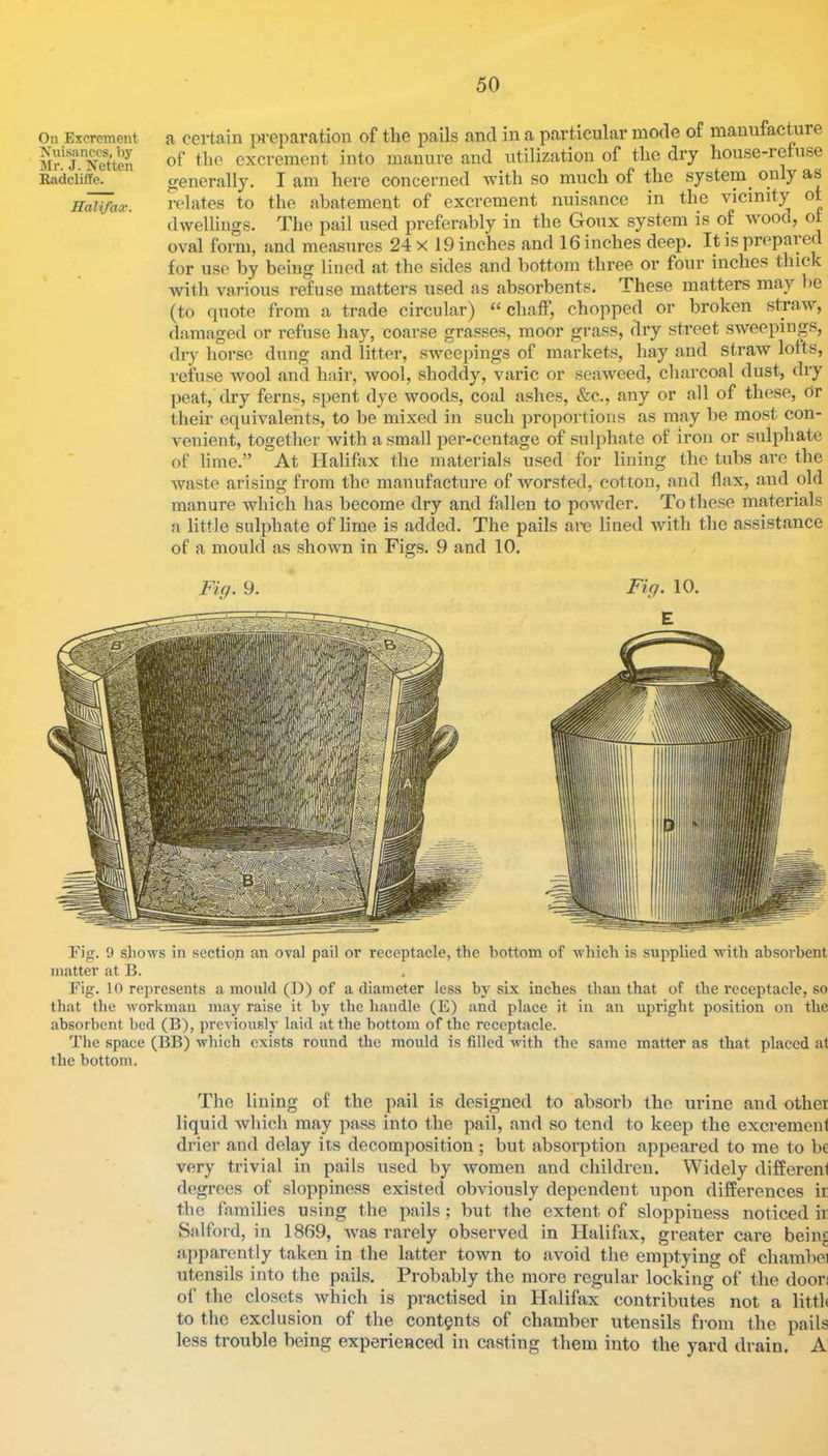 On Excrement a certain preparation of the pails and in a particular mode of manufacture Mr^j'^NeUen excrement into manure and utilization of the dry house-reiuse Radciiffe. generally. I am here concerned with so much of the system^ oiily as Halifax. relates to the abatement of excrement nuisance in the vicinity of dwellings. The jsail used preferably in the Goux system is of wood, or oval form, and measures 24 x 19 inches and 16 inches deep. Itisprepaied for use by being lined at the sides and bottom three or four inches thick with various refuse matters used as absorbents. These matters may be (to quote from a trade circular) “ chaff, chopped or broken straw, damaged or refuse hay, coarse grasses, moor grass, dry street sweepings, dry horse dung and litter, sweepings of markets, hay and straw lofts, refuse wool and hair, wool, shoddy, varic or seaweed, charcoal dust, dry peat, dry ferns, spent dye woods, coal ashes, &c., any or all of these. Or their equivalents, to be mixed in such proportions as may be most con- venient, together with a small per-centage of sulphate of iron or sulidiate of lime.” At Halifax the materials used for lining the tubs are the waste arising from the manufacture of worsted, cotton, and flax, and old manure which has become dry and fiillen to ]3owder. To these materials a little sulphate of lime is added. The pails arc lined with the assistance of a mould as shown in Figs. 9 and 10. Fif/. 9. Fifj/. 10. E Fig. 9 sliows in section an oval pail or receptacle, the bottom of which is supplied with absorbent matter at B. Fig. 10 represents a mould (D) of a diameter less by six inches than that of the reccptaele, so that the Avorkmau may raise it by the handle (E) and place it in an upright position on the absorbent bed (B), previously laid at the bottom of the receptacle. The space (BB) which exists round the mould is filled with the same matter as that placed at the bottom. The lining of the pail is designed to absorb the urine and other liquid which may pass into the pail, and so tend to keep the excrement drier and delay its decomposition; but absorption appeared to me to be very trivial in pails used by women and children. Widely different degrees of sloppiness existed obviously dependent upon differences ir the families using the pails; but the extent of sloppiness noticed ir Salford, in 1869, was rarely observed in Halifax, greater care beinj apparently taken in the latter town to avoid the emptying of chambei utensils into the pails. Probably the more regular locking of the doors of the closets which is practised in Halifax contributes not a litth to the exclusion of the contents of chamber utensils from the pails less trouble being experienced in casting them into the yard drain. A