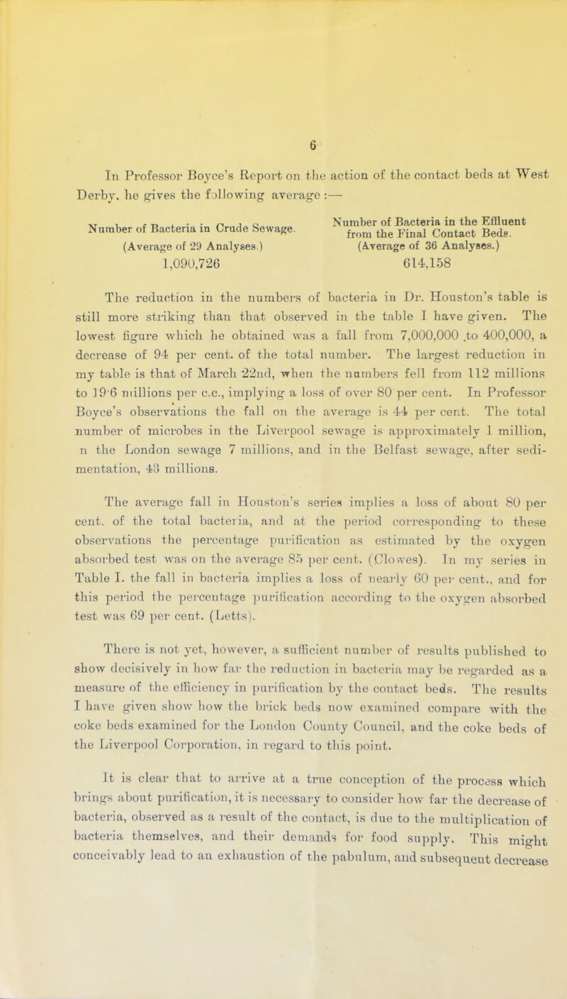 In Professor Boyce’s Report on the action of the contact beds at West Derby, he gives the following average :— The reduction in the numbers of bacteria in Dr. Houston’s table is still more striking than that observed in the table I have given. The lowest figure which he obtained was a fall from 7,000,000 .to 400,000, a decrease of 94 per cent, of the total number. The largest reduction in mj table is that of March 22nd, when the numbers fell from 112 millions to 19'6 millions per c.c., implying a loss of over 80 per cent. In Professor Boyce’s observations the fall on the average is 44 per cent. The total number of microbes in the Liverpool sewage is approximately 1 million, n the London sewage 7 millions, and in the Belfast sewage, after sedi- mentation, 43 millions. The average fall in Houston’s series implies a loss of about 80 per cent, of the total bacteria, and at the period corresponding to these observations the percentage purification as estimated by the oxygen absorbed test was on the average 85 per cent. (Clowes). In my series in Table I. the fall in bacteria implies a loss of nearly 60 per cent., and for this period the percentage purification according to the oxygen absorbed test was 69 per cent. (Letts). There is not yet, however, a sufficient number of results published to show decisively in how far the reduction in bacteria may be regarded as a measure of the efficiency in purification by the contact beds. The results I have given show how the brick beds now examined compare with the coke beds examined for the London County Council, and the coke beds of the Liverpool Corporation, in regard to this point. It is clear that to arrive at a true conception of the process which brings about purification, it is necessary to consider how far the decrease of bacteria, observed as a result of the contact, is due to the multiplication of bacteria themselves, and their demands for food supply. This might conceivably lead to an exhaustion of the pabulum, and subsequent decrease Number of Bacteria in Crude Sewage. (Average of 29 Analyses.) 1,090,726 Number of Bacteria in the Effluent from the Final Contact Beds. (Average of 36 Analyses.) 614,158