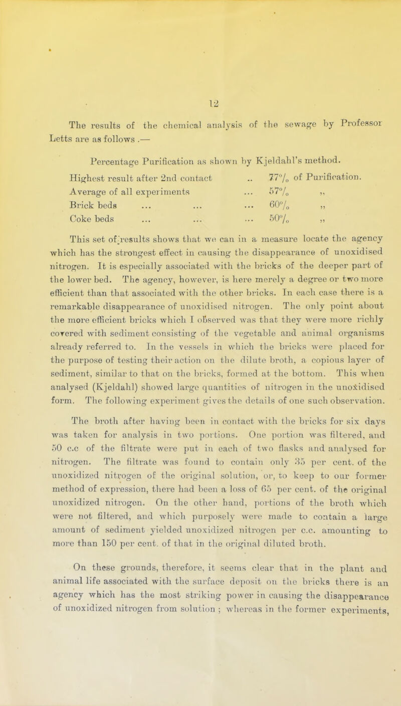 The results of the chemical analysis of the sewage by Professoi Letts are as follows .— Percentage Purification as shown by Kjeldahl’s method. Highest result after 2nd contact 77 % of Purification. Average of all experiments 57% Brick beds 60% 55 Coke beds 50% 5 5 This set of-results shows that we can in a measure locate the agency which has the strongest effect in causing the disappearance of unoxidised nitrogen. It is especially associated with the bricks of the deeper part of the lower bed. The agency, however, is here merely a degree or two more efficient than that associated with the other bricks. In each case there is a remarkable disappearance of unoxidised nitrogen. The only point about the more efficient bricks which I observed was that they were more richly covered with sediment consisting of the vegetable and animal organisms already referred to. In the vessels in which the bricks were placed for the purpose of testing their action on the dilute broth, a copious layer of sediment, similar to that on the bricks, formed at the bottom. This when analysed (Kjeldahl) showed large quantities of nitrogen in the uno&idised form. The following experiment gives the details of one such observation. The broth after having been in contact with the bricks for six days was taken for analysis in two portions. One portion was filtered, and 50 c.c of the filtrate were put in each of two flasks and analysed for nitrogen. The filtrate was found to contain only 85 per cent, of the unoxidized nitrogen of the original solution, or, to keep to our former method of expression, there had been a loss of 65 per cent, of the original unoxidized nitrogen. On the other hand, portions of the broth which were not filtered, and which purposely were made to contain a large amount of sediment yielded unoxidized nitrogen per c.c. amounting to more than 150 per cent, of that in the original diluted broth. On these grounds, therefore, it seems clear that in the plant and animal life associated with the surface deposit on the bricks there is an agency which has the most striking power in causing the disappearance of unoxidized nitrogen from solution ; whereas in the former experiments,