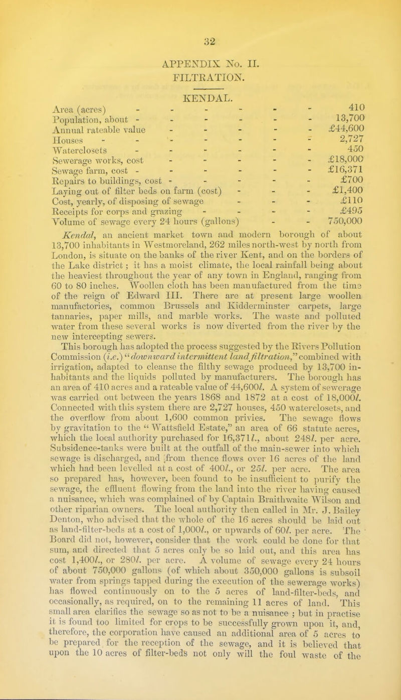 APPENDIX No. II. FILTRATION. KENDAL. Area (acres) - Population, about - Annual rateable value Houses - Water-closets - Sewerage works, cost Sewage farm, cost - Repairs to buildings, cost - Laying out of filter beds on farm (cost) Cost, yearly, of disposing of sewage Receipts for corps and grazing Volume of sewage every 24 hours (gallons) 410 13,700 £44,600 2,727 450 £18,000 £16,371 £700 £1,400 £110 £495 750,000 Kendal, an ancient market town and modern borough of about 13,700 inhabitants in Westmoreland, 262 miles north-west by north from London, is situate on the banks of the river Kent, and on tlie borders of the Lake district; it has a moist climate, the local rainfall being about the heaviest throughout the year of any town in England, ranging from 60 to 80 inches. Woollen cloth has been manufactured from the time of the reign of Edward III. There are at present large woollen manufactories, common Brussels and Kidderminster carpets, large tannaries, paper mills, and marble works. The waste and polluted water from these several works is now diverted from the river by the new intercepting sewers. This borough has adopted the process suggested by the Rivers Pollution Commission (i.c.) “ doivnivard intermittent landfiltration” combined with irrigation, adapted to cleanse the filthy sewage produced by 13,700 in- habitants and the liquids polluted by manufacturers. The borough has an area of 410 acres and a rateable value of 44,600/. A system of sewerage was carried out between the years 1868 and 1872 at a cost of 18,000/. Connected with this system there are 2,727 houses, 450 waterclosets, and the overflow from about 1,600 common privies. The sewage flows by gravitation to the “ Wattsfield Estate,” an area of 66 statute acres, which the local authority purchased for 16,371/., about 248/. per acre. Subsidence-tanks were built at the outfall of the main-sewer into which sewage is discharged, and 'from thence flows over 16 acres of the land which had been levelled at a cost of 400/., or 25/. per acre. The area so prepared lias, however, been found to be insufficient to purify the sewage, the effluent flowing from the land into the river having caused a nuisance, which was complained of by Captain Braithwaite Wilson and other riparian owners. The local authority then called in Mr. J. Bailey Denton, who advised that the whole of the 16 acres should be laid out as land-filter-beds at a cost of 1,000/., or upwards of 60/. per acre. The Board did not, however, consider that the work could be done for that sum, and directed that 5 acres only be so laid out, and this area has cost 1,400/., or 280/. per acre. A volume of sewage every 24 hours of about 750,000 gallons (of which about 350,000 gallons is subsoil water from springs tapped during the execution of the sewerage works) has flowed continuously on to the 5 acres of land-filter-beds, and occasionally, as required, on to the remaining 11 acres of land. This small area clarifies the sewage so as not to be a nuisance ; but in practise it is found too limited for crops to be successfully grown upon it, and, therefore, the corporation have caused an additional area of 5 acres to be prepared for the reception of the sewage, and it is believed that upon the 10 acres of filter-beds not only will the foul waste of the