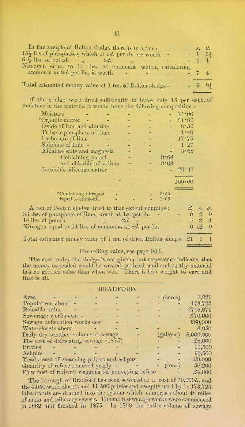 In the sample of Bolton sludge there is in a ton : s. d. l oi lbs of phosphates, which at Id. per lb. are worth - - 1 34 6^ lbs. of potash „ 2d. „ - - 1 1 Nitrogen equal to 11 lbs. of ammonia which, calculating ammonia at 8</. per lb., is worth - - - - 7 4 Total estimated money value of 1 ton of Bolton sludge - - 9 8£ If the sludge were dried sufficiently to leave oidy 15 per cent, of moisture in the material it would have the following composition : Moisture - - - 15-00 ^Organic matter - - - - 31-82 Oxide of iron and alumina - - - 8-52 Tribasic phosphate of lime - - - 1-49 Carbonate of lime - - - 17-75 Sulphate of lime - - - - 1-27 Alkaline salts and magnesia - - - 3-68 Containing potash - - 0-64 and chloride of sodium ■- - 0-08 Insoluble siliceous matter - - - 20-47 4 100-00 ^Containing nitrogen 0-89 Equal to ammonia - 1-08 A ton of Bolton sludge dried to that extent contains : £ s. d. 33 lbs. of phosphate of lime, worth at Id. per lb. - 0 2 9 14 lbs. of potash „ 2d. „ - - 0 2 4 Nitrogen equal to 24 lbs. of ammonia. , at 8 d. per lb. - 0 16 0 Total estimated money value of 1 ton of dried Bolton sludge £1 1 1 For selling value, see page lxiii. The cost to dry the sludge is not given; but experience indicates that the money expended would be wasted, as dried sand and earthy material has no greater value than when wet. There is less weight to cart and that is all. BRADFORD. Area - Population, about - Rateable value - Sewerage works cost - Sewage defsecation works cost Waterclosets about Daily dry weather volume of sewage The cost of defascating sewage (1875) Privies - - (tons) Ashpits - Yearly cost of cleansing privies and ashpits Quantity of refuse removed yearly - First cost of railway waggons for conveying refuse The borough of Bradford has been sewered at a the 4,050 waterclosets and 11,500 privies and cesspits used by its 173,723 inhabitants are drained into the system which comprises about 48 miles of main and tributary sewers. The main sewerage works were commenced in 1862 and finished in 1875. In 1868 the entire volume of sewage - (acres) 7,221 173,723 - £745,671 - £70,000 £60,000 4,050 (gallons) 8,000,000 £8,000 11.500 16.500 £8,000 56,200 £4,800 cost of 70,000/., and