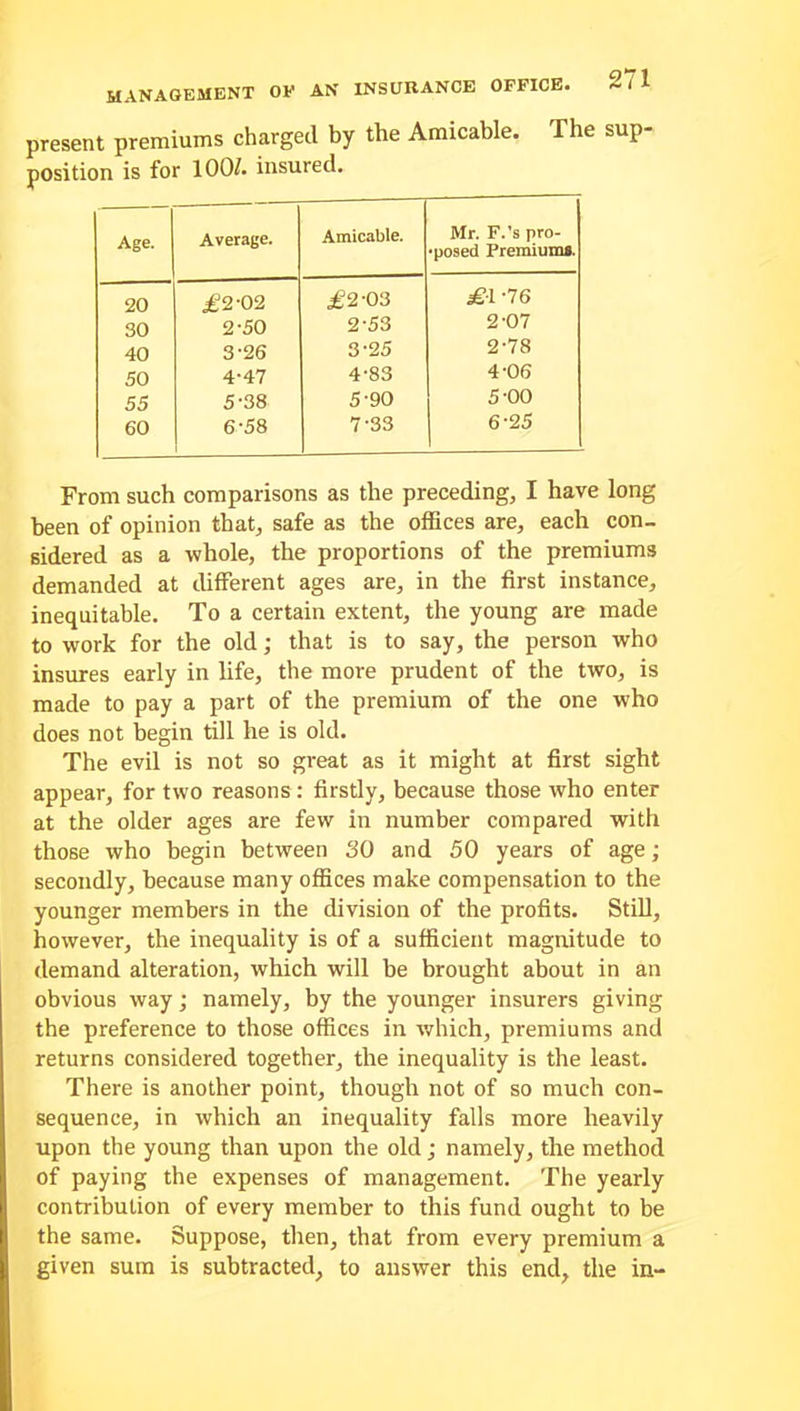 present premiums charged by the Amicable. The sup- position is for 100/. insured. Age. Average. Amicable. Mr. F.’s pro- •posed Premium#. 20 £2-02 £2-03 £1 -76 30 2-50 2-53 2-07 40 3-26 3-25 2-78 50 4-47 4-83 4-06 55 5-38 5-90 5-00 60 6-58 7-33 6-25 From such comparisons as the preceding, I have long been of opinion that, safe as the offices are, each con- sidered as a whole, the proportions of the premiums demanded at different ages are, in the first instance, inequitable. To a certain extent, the young are made to work for the old; that is to say, the person who insures early in life, the more prudent of the two, is made to pay a part of the premium of the one who does not begin till he is old. The evil is not so great as it might at first sight appear, for two reasons : firstly, because those who enter at the older ages are few in number compared with those who begin between 30 and 50 years of age; secondly, because many offices make compensation to the younger members in the division of the profits. Still, however, the inequality is of a sufficient magnitude to demand alteration, which will he brought about in an obvious way; namely, by the younger insurers giving the preference to those offices in which, premiums and returns considered together, the inequality is the least. There is another point, though not of so much con- sequence, in which an inequality falls more heavily upon the young than upon the old; namely, the method of paying the expenses of management. The yearly contribution of every member to this fund ought to be the same. Suppose, then, that from every premium a given sum is subtracted, to answer this end, the in-