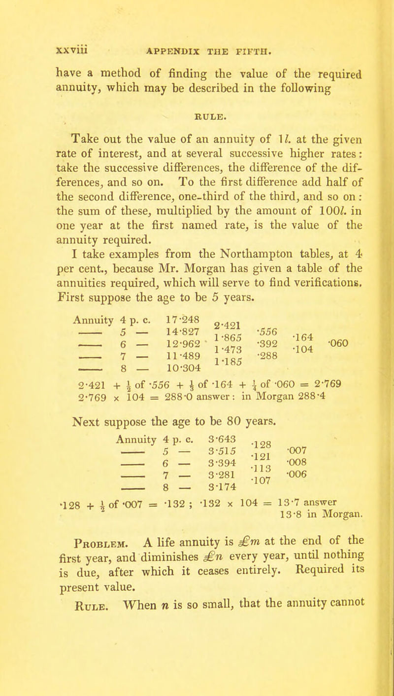 have a method of finding the value of the required annuity, which may be described in the following RULE. Take out the value of an annuity of 1/. at the given rate of interest, and at several successive higher rates: take the successive differences, the difference of the dif- ferences, and so on. To the first difference add half of the second difference, one-third of the third, and so on : the sum of these, multiplied by the amount of lOOf. in one year at the first named rate, is the value of the annuity required. I take examples from the Northampton tables, at 4 per cent., because Mr. Morgan has given a table of the annuities required, which will serve to find verifications. First suppose the age to be 5 years. Annuity 4 p. c. ' 5 — 17-248 14-827 12-962 11-489 10-304 2-421 1-865 1-473 1-185 •556 •392 •288 •164 •104 •060 2-421 + 1 of -556 + $ of -164 + \ of -060 = 2'769 2-769 x 104 = 288-0 answer: in Morgan 288-4 Next suppose the age to be 80 years. Annuity 4 p. c. 7 — 3-643 3-515 3-394 3-281 3-174 ■128 •121 •113 •107 •007 •008 ■006 •128 + i of-007 = -132 ; -132 x 104 = 13-7 answer 13 ’8 in Morgan. Problem. A life annuity is £m at the end of the first year, and diminishes £n every year, until nothing is due, after which it ceases entirely. Required its present value. Rule. When n is so small, that the annuity cannot