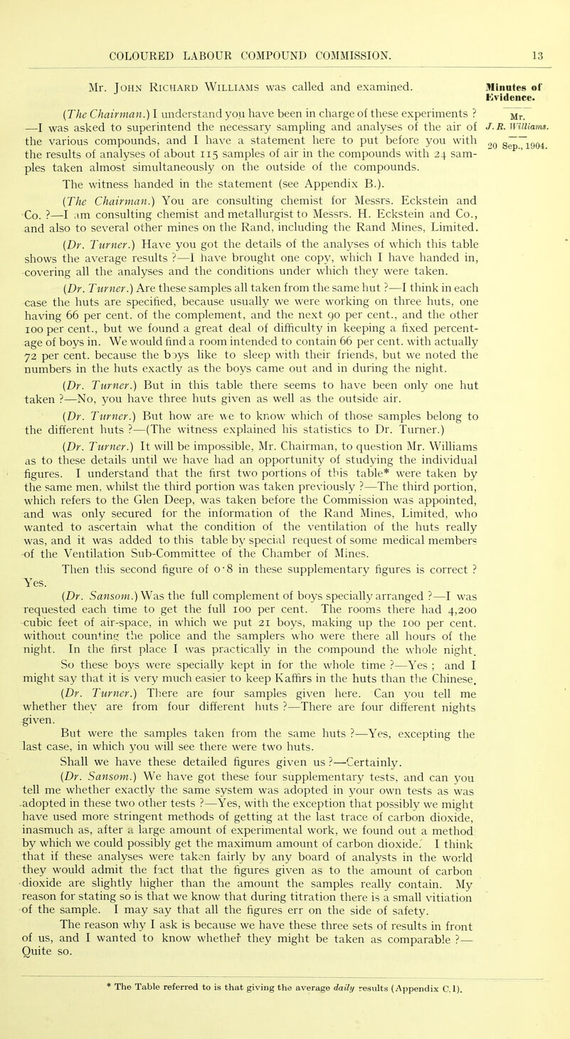 Mr. John Richard Williams was called and examined. {The Chairman.) I understand you have been in charge of these experiments ? —I was asked to superintend the necessary sampling and analyses of the air of the various compounds, and I have a statement here to put before you with the results of analyses of about 115 samples of air in the compounds with 24 sam- ples taken almost simultaneously on the outside of the compounds. The witness handed in the statement (see Appendix B.). {The Chairman.) You are consulting chemist for Messrs. Eckstein and Co. ?—I am consulting chemist and metallurgist to Messrs. H. Eckstein and Co., and also to several other mines on the Rand, including the Rand Mines, Limited. {Dr. Turner.) Have you got the details of the analyses of which this table shows the average results ?—I have brought one copy, which I have handed in, covering all the analyses and the conditions under which they were taken. {Dr. Turner.) Are these samples all taken from the same hut ?—I think in each case the huts are specified, because usually we were working on three huts, one having 66 per cent, of the complement, and the next 90 per cent., and the other 100 per cent., but we found a great deal of difficulty in keeping a fixed percent- age of boys in. We would find a room intended to contain 66 per cent, with actually 72 per cent, because the boys like to sleep with their friends, but we noted the numbers in the huts exactly as the boys came out and in during the night. {Dr. Turner.) But in this table there seems to have been only one hut taken ?—No, you have three huts given as well as the outside air. {Dr. Turner.) But how are we to know which of those samples belong to the different huts ?—(The witness explained his statistics to Dr. Turner.) {Dr. Turner.) It will be impossible, Mr. Chairman, to question Mr. Williams as to these details until we have had an opportunity of studying the individual figures. I understand that the first two portions of this table* were taken by the same men, whilst the third portion was taken previously ?—The third portion, which refers to the Glen Deep, was taken before the Commission was appointed, and was only secured for the information of the Rand Mines, Limited, who wanted to ascertain what the condition of the ventilation of the huts really was, and it was added to this table by special request of some medical members of the Ventilation Sub-Committee of the Chamber of Mines. Then this second figure of 0'8 in these supplementary figures is correct ? Yes. {Dr. Sawsow.) Was the full complement of boys specially arranged ?—I was requested each time to get the full 100 per cent. The rooms there had 4,200 cubic feet of air-space, in wliich we put 21 boys, making up the 100 per cent, without counting the police and the samplers who were there all hours of the night. In the first place I was practically in the compound the whole night. So these boys were specially kept in for the whole time ?—Yes ; and I might say that it is very much easier to keep Kaffirs in the huts than the Chinese. {Dr. Turner.) Tliere are four samples given here. Can you tell me whether they are from four different huts ?—There are four different nights given. But were the samples taken from the same huts ?—Yes, excepting the last case, in which you will see there were two huts. Shall we have these detailed figures given us ?—Certainly. {Dr. Sansom.) We have got these four supplementary tests, and can you tell me whether exactly the same system was adopted in your own tests as was .adopted in these two other tests ?—Yes, with the exception that possibly we might have used more stringent methods of getting at the last trace of carbon dioxide, inasmuch as, after a large amount of experimental work, we found out a method by which we could possibly get the maximum amount of carbon dioxide. I think that if these analyses were taken fairly by any board of analysts in the world they would admit the fact that the figures given as to the amount of carbon dioxide are slightly higher than the amount the samples really contain. My reason for stating so is that we know that during titration there is a small vitiation of the sample. I may say that all the figures err on the side of safety. The reason why I ask is because we have these three sets of results in front of us, and I wanted to know whether they might be taken as comparable ?— Quite so. Minates of Kvidence. Mr. J. R. Williams. 20 Sep., 1904. * The Table referred to is that giving the average daily results (Appendix C. 1).