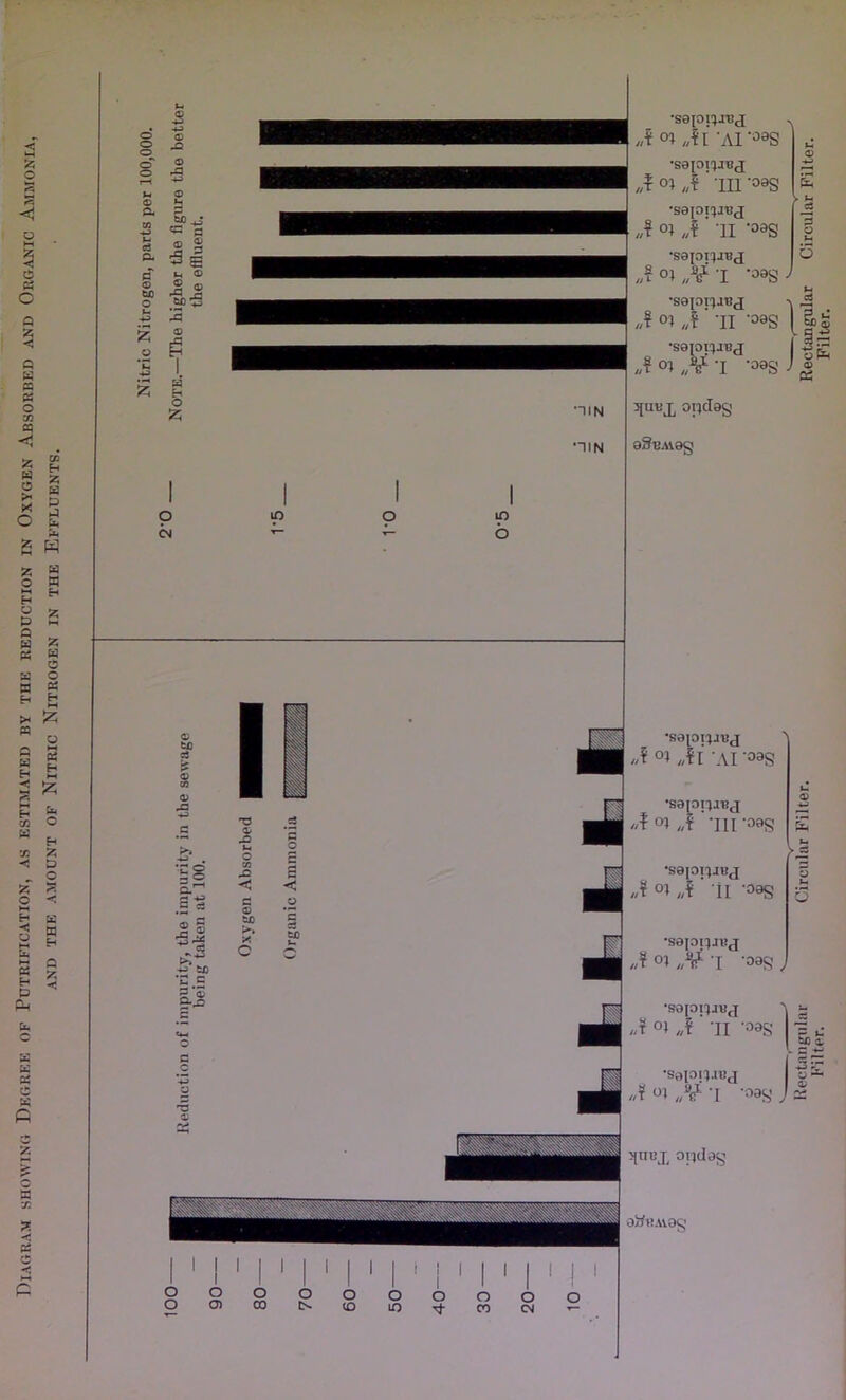 Diagram showing Dkgrkk of Pdtrification, as estimated by the reduction in Oxygen Absorbed and Organic Ammonia, AND THE AMOUNT OF NlTRIC NITROGEN IN THE EFFLUENTS. O o o cT o ® a cS a c © tc © — © a § 5 s u. © •S.S tsc rS - H O £ O CM HIN HIN lO lO 6 •saprjJBj A Ai ;ai‘°as •sappiuj A 01 J ' in -oas •sappauj 'sepi^xBj A °i „¥ 'I ‘09s A oi A' ii ’s •sepi^iBj A °i i 's opclag *9 »-« S ! f.s aE ® 05 •sajoiiJRj Ii A 01 Ai AI *oag •sappjBj «?°1 „? liroas •SQpl^JHJ A °1 A ' 11 'oas © £ 5 t. 5 •sappjttj A °1 „¥ I ’oas ) •sapi^juj A °i A ’ li ‘aas 'Sap!i.re(i I ' I ' I 1 I ' I ! o o o o o o <o w co cn »-