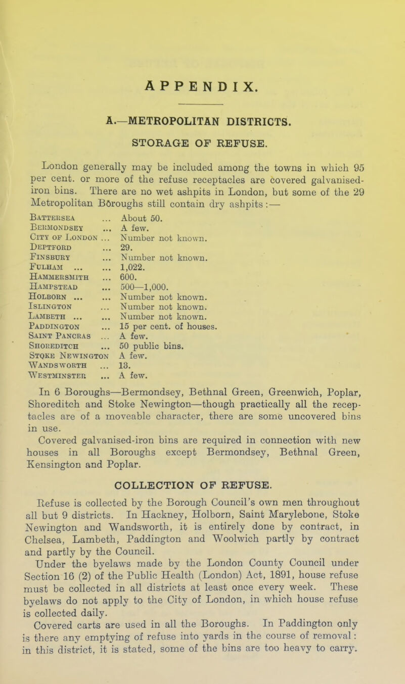 APPENDIX. A—METROPOLITAN DISTRICTS. STORAGE OF REFUSE. London generally may be included among the towns in which 95 per cent, or more of the refuse receptacles are covered galvanised- iron bins. There are no wet ashpits in London, but some of the 29 Metropolitan Boroughs still contain dry ashpits : — Battersea Bermondsey City of London ... Deptford Finsbury Fulham Hammersmith Hampstead Holborn Islington Lambeth Paddington Saint Pancras ... Shoreditch Stoke Newington Wandsworth Westminster About 50. A few. Number not known. 29. Number not known. 1,022. 600. 500—1,000. Number not known. Number not known. Number not known. 15 per cent, of houses. A few. 50 public bins. A few. 13. A few. In 6 Boroughs—Bermondsey, Bethnal Green, Greenwich, Poplar, Shoreditch and Stoke Newington—though practically all the recep- tacles are of a moveable character, there are some uncovered bins in use. Covered galvanised-iron bins are required in connection with new houses in all Boroughs except Bermondsey, Bethnal Green, Kensington and Poplar. COLLECTION OF REFUSE. Refuse is collected by the Borough Council’s own men throughout all but 9 districts. In Hackney, Holborn, Saint Marylebone, Stoke Newington and Wandsworth, it is entirely done by contract, in Chelsea, Lambeth, Paddington and Woolwich partly by contract and partly by the Council. Under the byelaws made by the London County Council under Section 16 (2) of the Public Health (London) Act, 1891, house refuse must be collected in all districts at least once every week. These byelaws do not apply to the City of London, in which house refuse is collected daily. Covered carts are used in all the Boroughs. In Paddington only is there any emptying of refuse into yards in the course of removal: in this district, it is stated, some of the bins are too heavy to carry.
