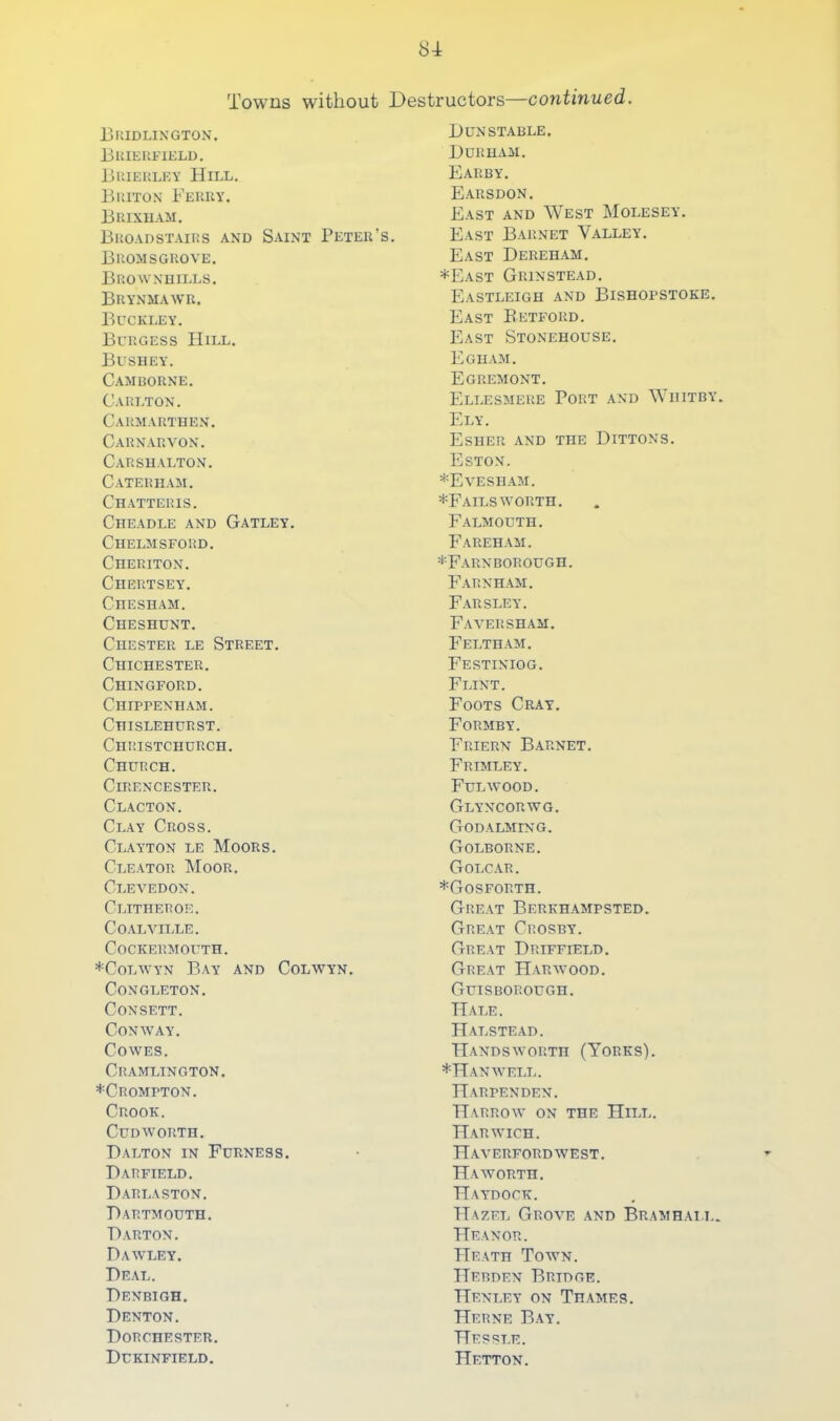 Towns without Destructors—continued. Dkidlingtox. Biuerfield, lUuEHLEY Hill. lilUTO.N BeKUY. Biuxuam. Broadstaiijs and Saint Peter’s, Bromsgkove. Brownuills. Brynmawr. Buckley. Burgess Hill. Bushey. Camborne. Carlton. Carmarthen. Carnarvon. Carshalton. Caterham. Chatteris. Cheadle and Gatley. Chelmsford. Cheriton. Chertsey. Chesham. Cheshunt. Chester le Street. Chichester. Chingford. Chippenham. Chislehurst. Christchurch. Church. Cirencester. Clacton. Clay Cross. Clayton le Moors. Cleator Moor. Clevedon. Clitheroe. Coalville. COCKERMOUTH. *CoLWYN Bay and Colwyn. Congleton. CONSETT. Conway. Cowes. Cramlington. ♦Crompton. Crook. Cud WORTH. Dalton in Furness. Darfield. Darlaston. Dartmouth. Darton. Dawley. Deal. Denbigh. Denton. Dorchester. Dukinfield. Dunstable. Durham. Earby. Earsdon. East and West Molesey. East Barnet Valley. East Dereham. ♦East Grinstead. Eastleigh and Bishopstoke. East Eetford. East Stonehouse. Egham. Egremont. Ellesmere Port and Whitby. Ely. Esher and the Dittons. Eston. ♦Evesham. ♦Fails WORTH. Falmouth. Fareham. ♦Farnborough. Farnham. Farsley. Faversham. Feltham. Festiniog. Flint. Foots Cray, Formby. Friern Barnet. Frimley. Fulwood. Glyncorwg. Godalming. Golborne. Golcar. ♦Gosforth. Great Berkhampsted. Great Crosby. Great Driffield. Great Harwood. Guisborough. Hale. Halstead. Handsworth (Yorks). ♦Hanwell. Harpenden. Harrow on the Hill. Harwich. Haverfordwest. Haworth. Haydock. Hazel Grove and Bramhai.l. Heanor. Heath Town. Hebden Bridge. Henley on Thames. Herne Bay. Hessi.e. Hetton.