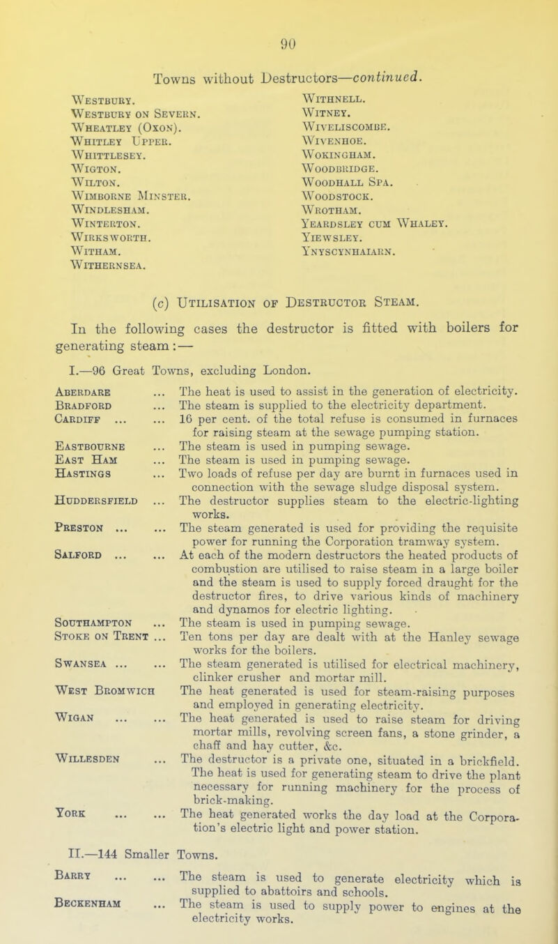 Towns without Destructors—continued. Westbuuy. Westbury on Severn, Wheatley (Oxon), Whitley Upper. Whittlesey. WiGTON. Wilton. WiMBORNE Minster. Windlesham. WiNTERTON. WiRKSWORTH. With AM. W'ithernsea, WiTHNELL. Witney. WiVELISCOMBE. WlVENHOE. Wokingham. WoODBRIDGE. WooDHALL Spa. Woodstock. Wrotham. Yeardsley cum Whaley. Yiewsley, Y’nyscynh.aiarn. (c) Utilisation of Destructor Steam. In the following cases the destructor is fitted with boilers for generating steam: — I.—96 Great Towns, excluding London. Aberdare Bradford Cardiff Eastbourne East Ham Hastings Huddersfield ... Preston Salford Southampton Stoke on Trent ... Swansea West Bromwich Wigan Willesden York The heat is used to assist in the generation of electricity. The steam is supplied to the electricity department. 16 per cent, of the total refuse is consumed in furnaces for raising steam at the sewage pumping station. The steam is used in pumping sew'age. The steam is used in pumping sewage. Two loads of refuse per day are burnt in furnaces used in connection wdth the sewage sludge disposal system. The destructor supplies steam to the electric-lighting works. The steam generated is used for providing the requisite power for running the Corporation tramway system. At each of the modern destructors the heated products of combustion are utilised to raise steam in a large boiler and the steam is used to supply forced draught for the destructor fires, to drive various kinds of machinery and dynamos for electric lighting. The steam is used in pumping sewage. Ten tons per day are dealt with at the Hanley sewage w’orks for the boilers. The steam generated is utilised for electrical machinery, clinker crusher and mortar mill. The heat generated is used for steam-raising purposes and employed in generating electricity. The heat generated is used to raise steam for driving mortar mills, revolving screen fans, a stone grinder, a chaff and hay cutter, &c. The destructor is a private one, situated in a brickfield. The heat is used for generating steam to drive the plant necessary for running machinery for the process of brick-making. The heat generated works the day load at the Corpora- tion’s electric light and power station. II.—144 Smaller Towns. Barry Beckenham The steam is used to generate electricity which is supplied to abattoirs and schools. The steam is used to supply power to engines at the electricity works.