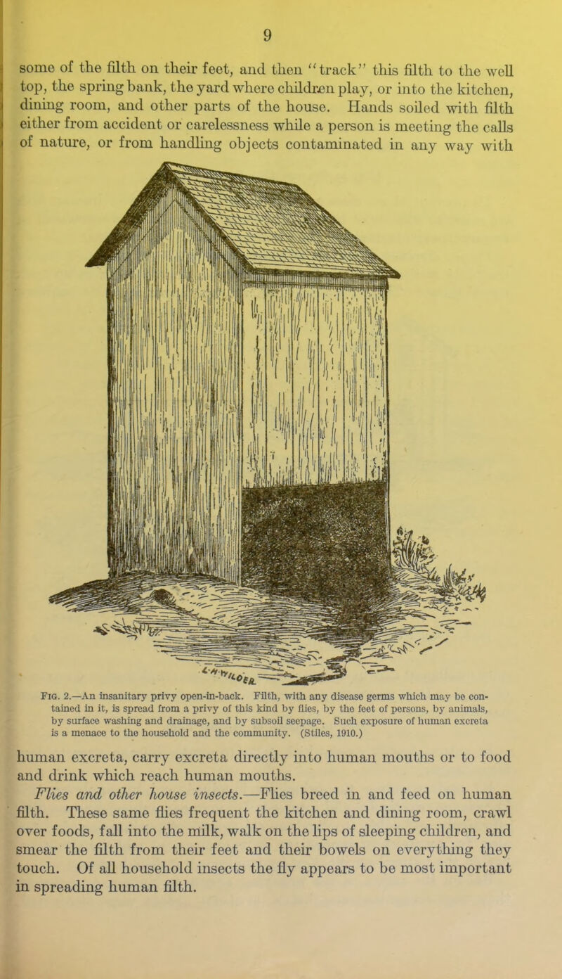 some of the filth on their feet, and then track” this filth to the well top, the spring bank, the yard where children play, or into the kitchen, dining room, and other parts of the house. Hands soiled with filth either from accident or carelessness while a person is meeting the calls of nature, or from handling objects contaminated in any way with Fig. 2.—An insanitary privy open-in-back. Filth, with any disease germs which may bo con- tained in it, is spread from a privy of this kind by flies, by the feet of persons, by animals, by surface washing and drainage, and by subsoil seepage. Such exposure of human excreta is a menace to the household and the community. (Stiles, 1910.) human excreta, carry excreta directly into human mouths or to food and drink which reach human mouths. Flies aifid other house insects.—Flies breed in and feed on human filth. These same flies frequent the kitchen and dining room, crawl over foods, fall into the milk, walk on the lips of sleeping children, and smear the filth from their feet and their bowels on everything they touch. Of all household insects the fly appears to be most important in spreading human filth.