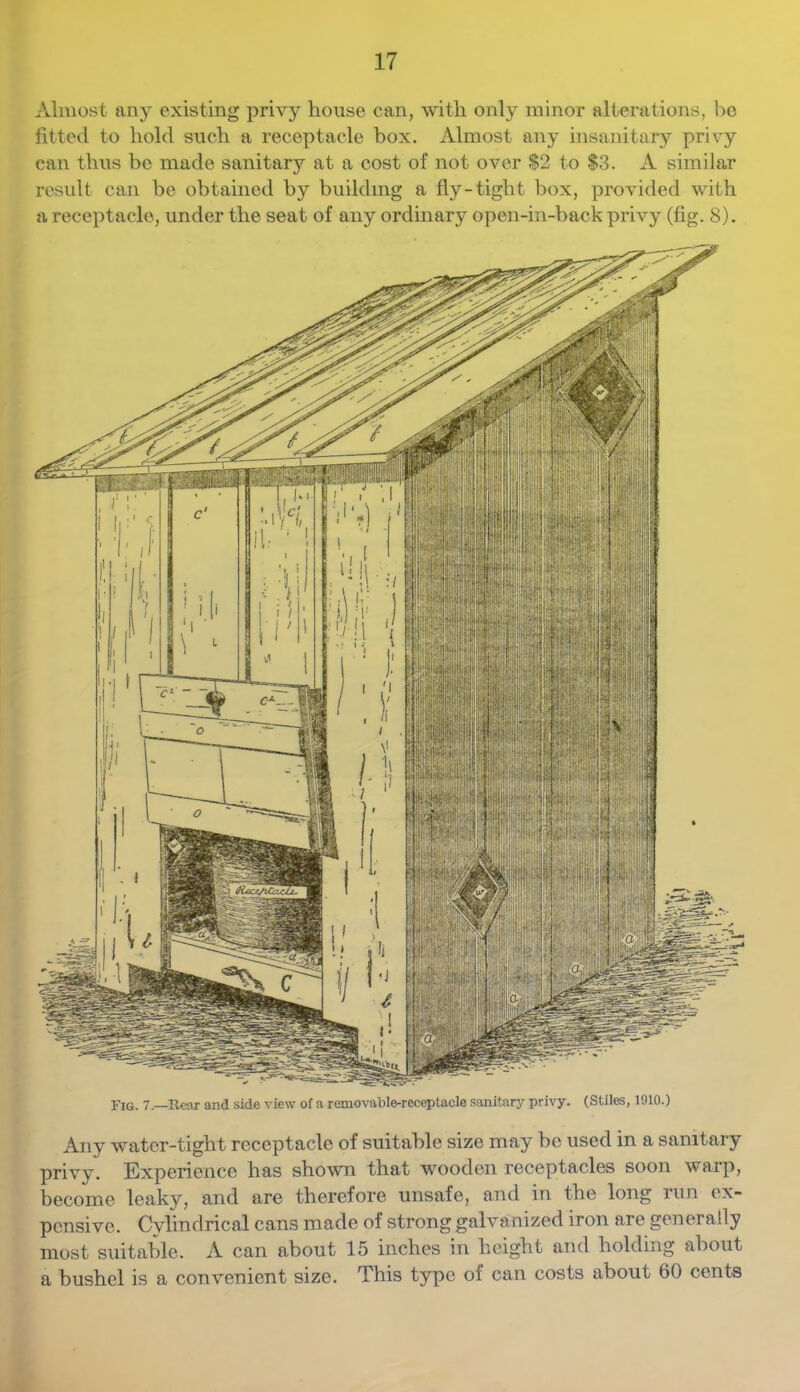 Almost any existing privy house can, with only minor alterations, bo fitted to hold such a receptacle box. Almost any insanitary privy can thus be made sanitary at a cost of not over S2 to $3. A similar residt can be obtained by building a fly-tight box, provided with a receptacle, under the seat of any ordinary open-in-back privy (fig. 8). Fig. 7.—Rear and side view of a removable-receptacle sanitary privy. (Stiles, 1910.) Any water-tight receptacle of suitable size may be used in a sanitary privy. Experience has shown that wooden receptacles soon waip, become leaky, and are therefore unsafe, and in the long run ex- pensive. Cylindrical cans made of strong galvanized iron are generally most suitable. A can about 15 inches in height and holding about a bushel is a convenient size. This type of can costs about 60 cents