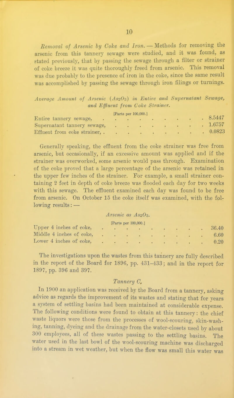 Removal of Arsenic by Coke and Iron. — Methods for removing the arsenic from this tannery sewage were studied, and it was found, as stated previously, that by passing the sewage through a filter or strainer of coke breeze it was quite thoroughly freed from arsenic. This removal was due probably to the presence of iron in the coke, since the same result was accomplished by passing the sewage through iron filings or turnings. Average Amount of Arsenic (Ms203) in Entire and Supernatant Sewage, and Effluent from Coke Strainer. [Parts per 100,000.] Entire tannery sewage, 8.5447 Supernatant tannery sewage, 1.6757 Effluent from coke strainer, ......... 0.0823 Generally speaking, the effluent from the coke strainer was free from arsenic, but occasionally, if an excessive amount was applied and if the strainer was overworked, some arsenic would pass through. Examination of the coke proved that a large percentage of the arsenic was retained in the upper few inches of the strainer. For example, a small strainer con- taining 2 feet in depth of coke breeze was flooded each day for two weeks with this sewage. The effluent examined each day was found to be free from arsenic. On October 15 the coke itself was examined, with the fol- lowing results: — Arsenic as AS2O3. [Parts per 100,000.] Upper 4 inches of coke, 36.40 Middle 4 inches of coke, 6.60 Lower 4 inches of coke, 0.20 The investigations upon the wastes from this tannery are fully described in the report of the Board for 1896, pp. 431-433; and in the report for 1897, pp. 396 and 397. Tannery Cf In 1900 an application was received by the Board from a tannery, asking advice as regards the improvement of its wastes and stating that for years a system of settling basins had been maintained at considerable expense. The following conditions were found to obtain at this tannery: the chief waste liquors were those from the processes of wool-scouring, skin-wash- ing, tanning, dyeing and the drainage from the water-closets used by about 300 employees, all of these wastes passing to the settling basins. The water used in the last bowl of the wool-scouring machine was discharged into a stream in wet weather, but when the flow was small this water was