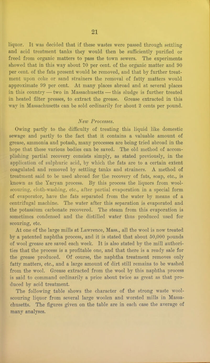 liquor. It was decided that if these wastes were passed through settling and acid treatment tanks they would then be sufficiently purified or freed from organic matters to pass the town sewers. The experiments showed that in this way about 70 per cent, of the organic matter and 90 per cent, of the fats present would be removed, and that by further treat- ment upon coke or sand strainers the removal of fatty matters would approximate 99 per cent. At many places abroad and at several places in this country — two in Massachusetts — this sludge is further treated in heated filter presses, to extract the grease. Grease extracted in this way in Massachusetts can be sold ordinarily for about 2 cents per pound. New Processes. Owing partly to the difficulty of treating this liquid like domestic sewage and partly to the fact that it contains a valuable amount of grease, ammonia and potash, many processes are being tried abroad in the hope that these various bodies can be saved. The old method of accom- plishing partial recovery consists simply, as stated previously, in the application of sulphuric acid, by which the fats are to a certain extent coagulated and removed by settling tanks and strainers. A method of treatment said to be used abroad for the recovery of fats, soap, etc., is known as the Yaryan process. By this process the liquors from wool- scouring, cloth-washing, etc., after partial evaporation in a special form of evaporator, have the fats separated from the water by means of a centrifugal machine. The water after this separation is evaporated and the potassium carbonate recovered. The steam from this evaporation is sometimes condensed and the distilled water thus produced used for scouring, etc. At one of the large mills at Lawrence, Mass., all the wool is now treated by a patented naphtha process, and it is stated that about 50,000 pounds of wool grease are saved each week. It is also stated by the mill authori- ties that the process is a profitable one, and that there is a ready sale for the grease produced. Of course, the naphtha treatment removes only fatty matters, etc., and a large amount of dirt still remains to be washed from the wool. Grease extracted from the wool by this naphtha process is said to command ordinarily a price about twice as great as that pro- duced by acid treatment. The following table shows the character of the strong waste wool- scouring liquor from several large woolen and worsted mills in Massa- chusetts. The figures given on the table are in each case the average of many analyses.