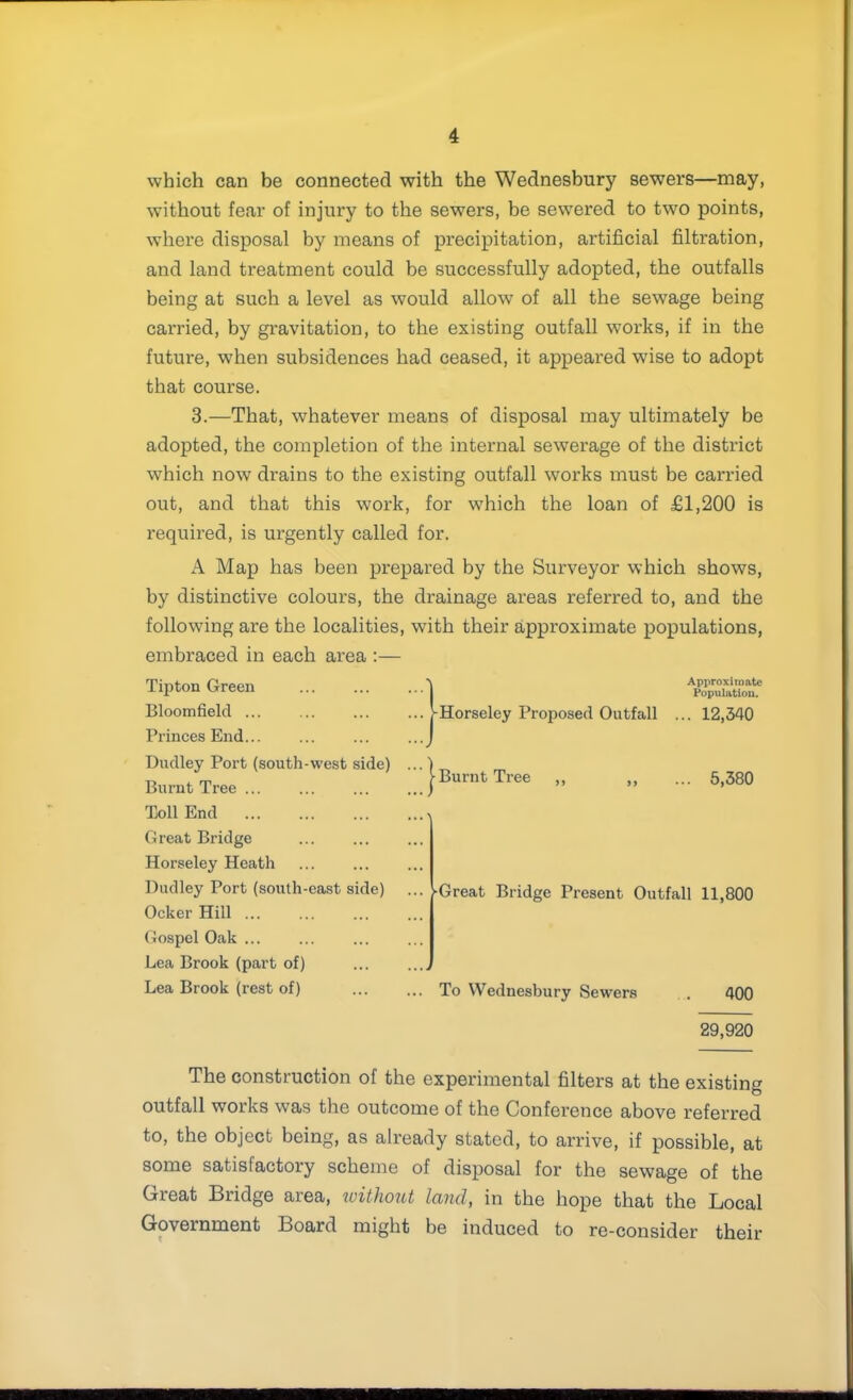 which can be connected with the Wednesbury sewers—may, without fear of injury to the sewers, be sewered to two points, where disposal by means of precipitation, artificial filtration, and land treatment could be successfully adopted, the outfalls being at such a level as would allow of all the sewage being carried, by gravitation, to the existing outfall works, if in the future, when subsidences had ceased, it appeared wise to adopt that course. 3.—That, whatever means of disposal may ultimately be adopted, the completion of the internal sewerage of the district which now drains to the existing outfall works must be carried out, and that this work, for which the loan of £1,200 is required, is urgently called for. A Map has been prepared by the Surveyor which shows, by distinctive colours, the drainage areas referred to, and the following are the localities, with their approximate populations, embraced in each area :— Tipton Green Bloomfield ... Princes End Dudley Port (south-west side) Burnt Tree ... Toll End Great Bridge Horseley Heath Dudley Port (south-east side) Ocker Hill ... Gospel Oak ... Lea Brook (part of) Lea Brook (rest of) Approximate Populatiou. Horseley Proposed Outfall ... 12,340 ►Burnt Tree ,, ... 5,380 ‘Great Bridge Present Outfall 11,800 To Wednesbury Sewers 400 29,920 The construction of the experimental filters at the existing outfall works was the outcome of the Conference above referred to, the object being, as already stated, to arrive, if possible, at some satisfactory scheme of disposal for the sewage of the Great Bridge area, loithont land, in the hope that the Local Government Board might be induced to re-consider their
