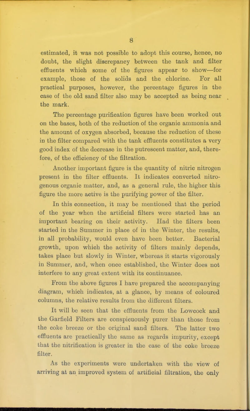 estimated, it was not possible to adopt this course, hence, no doubt, the slight discrepancy between the tank and filter efliuents which some of the figures appear to show—for example, those of the solids and the chlorine. For all practical purposes, however, the percentage figures in the case of the old sand filter also may be accepted as being near the mark. The percentage purification figures have been worked out on the bases, both of the reduction of the organic ammonia and the amount of oxygen absorbed, because the reduction of these in the filter compared with the tank effluents constitutes a very good index of the decrease in the putrescent matter, and, there- fore, of the efficiency of the filtration. Another important figure is the quantity of nitric nitrogen present in the filter effluents. It indicates converted nitro- genous organic matter, and, as a general rule, the higher this figure the more active is the purifying power of the filter. In this connection, it may be mentioned that the period of the year when the artificial filters were started has an important bearing on their activity. Had the filters been started in the Summer in place of in the Winter, the results, in all probability, would even have been better. Bacterial growth, upon which the activity of filters mainly depends, takes place but slowly in Winter, whereas it starts vigorously in Summer, and, when once established, the Winter does not interfere to any great extent with its continuance. From the above figures I have prepared the accompanying diagram, which indicates, at a glance, by means of coloured columns, the relative results from the different filters. It will be seen that the effluents from the Lowcock and the Garfield Filters are conspicuously purer than those from the coke breeze or the original sand filters. The latter two effluents are practically the same as regards impurity, except that the nitrification is greater in the case of the coke breeze filter. As the experiments were undertaken with the view of arriving at an improved system of artificial filtration, the only