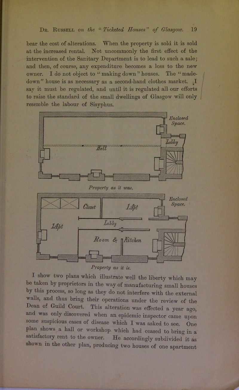 bear the cost of alterations. When the property is sold it is sold at the increased rental. Not uncommonly the first effect of the intervention of the Sanitary Department is to lead to such a sale; and then, of course, any expenditure becomes a loss to the new owner. I do not object to “making down’' houses. The “made- J down” house is as necessary as a second-hand clothes market. LI say it must be regulated, and until it is regulated all our efforts to raise the standard of the small dwellings of Glasgow will only resemble the labour of Sisyphus. Property as it was. I show two plans which illustrate well the liberty which may be taken by proprietors in the way of manufacturing small houses by this process, so long as they do not interfere with the external walls, and thus bring their operations under the review of the Dean of Guild Court. This alteration was effected a year ago, and was only discovered when an epidemic inspector came upon some suspicious cases of disease which I was asked to see. One plan shows a hall or workshop which had ceased to bring in a satisfactory rent to the owner. He accordingly subdivided it as shown in the other plan, producing two houses of one apartment