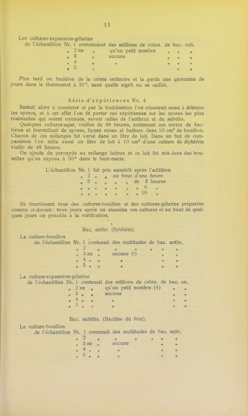 Les cultures-expansion-gélatine de l’échantillon Nr. 1 contenaient « 2 ne r> ^ „ ” ” n ^ des millions de colon, de bac. coli. qu’un petit nombre „ „ „ aucune Plus tard on buddisa de la crème ordinaire et la garda une quinzaine de- jours dans le thermostat à 37°, sans quelle aigrît ou se caillât. Série d’expériences Nr. 4. Restait alors à constater si par la buddisation l’on réussirait aussi à détruire les spores, et à cet effet l'on fit porter ces expériences sur les spores les plus résistantes qui soient connues, savoir celles de l’anthrax et du subtilis. Quelques cultures-agar, vieilles de 48 heures, contenant ces sortes de bac- téries et fourmillant de spores, furent mises et battues dans 10 cm3 de bouillon. Chacun de ces mélanges fut versé dans un litre de lait. Dans un but de com- paraison l’on mêla aussi un litre de lait à 10 cm3 d’une culture de diphtérie vieille de 48 heures. On ajouta du peroxyde au mélange laiteux et ce lait fut mis dans des bou- teilles qu’on exposa à 50° dans le bain-marie. L’échantillon Nr. 1 fut pris aussitôt après l’addition O n u n yy Q * ° * n 91 99 n yy •n n y) -n Ils fournissent tous des cultures-bouillon et des cultures-gélatine préparées comme ci-devant: trois jours après on examina ces cultures et au bout de quel- ques jours on procéda à la vérification. au bout d’une heure „ „ de 3 heures .. ji « b „ .. ..10 ,, Bac. anthr. (Splénite). La culture-bouillon de l’échantillon Nr. 1 contenait des multitudes de bac. anthr. 99 99 99 n 2 3 ne 4 „ 99 91 99 99 r> « aucune (?) 99 n 99 99 99 99 99 99 99 99 99 La culture-expansion-gélatine de l’échantillon Nr. 1 contenait » 2 ne „ Q 99 ° 99 99 V 4 n „ v ^ n n des millions de colon, de bac. an. qu’un petit nombre (4) „ „ aucune „ „ 71 » » 77 77 77' Bac. subtilis. (Bacilles du foin). La culture-bouillon de l’échantillon Nr. 1 contenait des multitudes de bac. o m “ yt v Tl 3 ne 4 „ 5 „ aucune subt_ 99